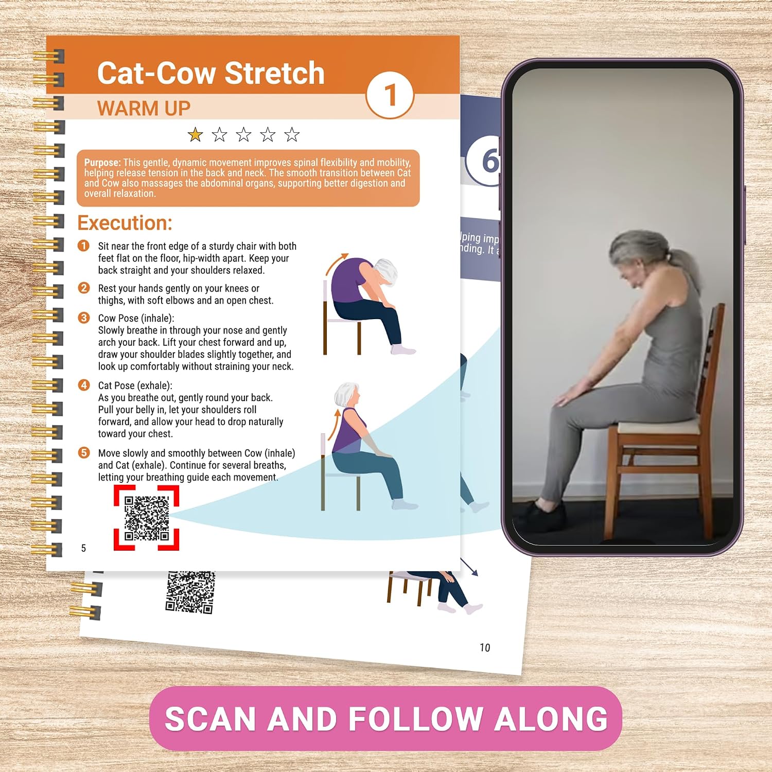 POCAZONE Chair Yoga for Seniors Over 60 Book and Chart, 30 Poses with Video Guide, Spiral Bound, Large Print, 30-Day Laminated Chart, Seated Exercises for Weight Loss, Flexibility
