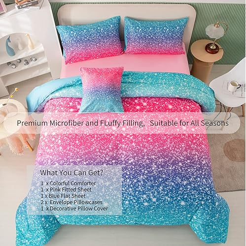 Miniatura 2 de RYNGHIPY Juego de ropa de cama de 6 piezas con purpurina 3D para niños adolescentes niñas y mujeres juego de edredón de color azul turquesa y rosa