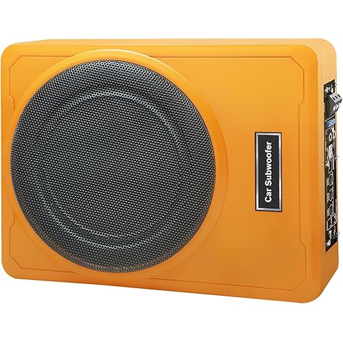 litillbuly 10 Inch 800W Orange Car Subwoofer,Slim Under Seat Car Subwoofer Powered, High/Low Level Input, Car/Truck Car Audio Subwoofer Sub Built in Amplifier