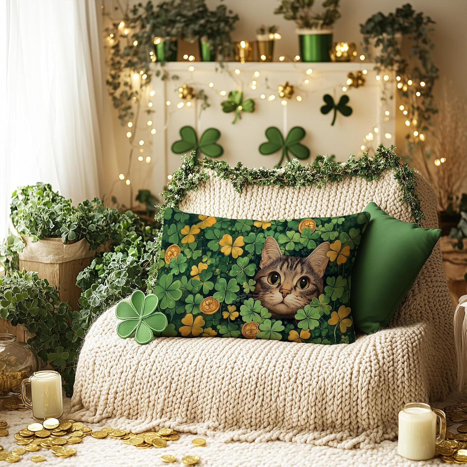 GEEORY St.Patrick's Day Pillow Cover 12x20 Inch - Shamrock Cat Gold Coins Decor, Farmhouse Holiday Green Themed Pillow Case Gift for Home Sofa Couch - Image 3