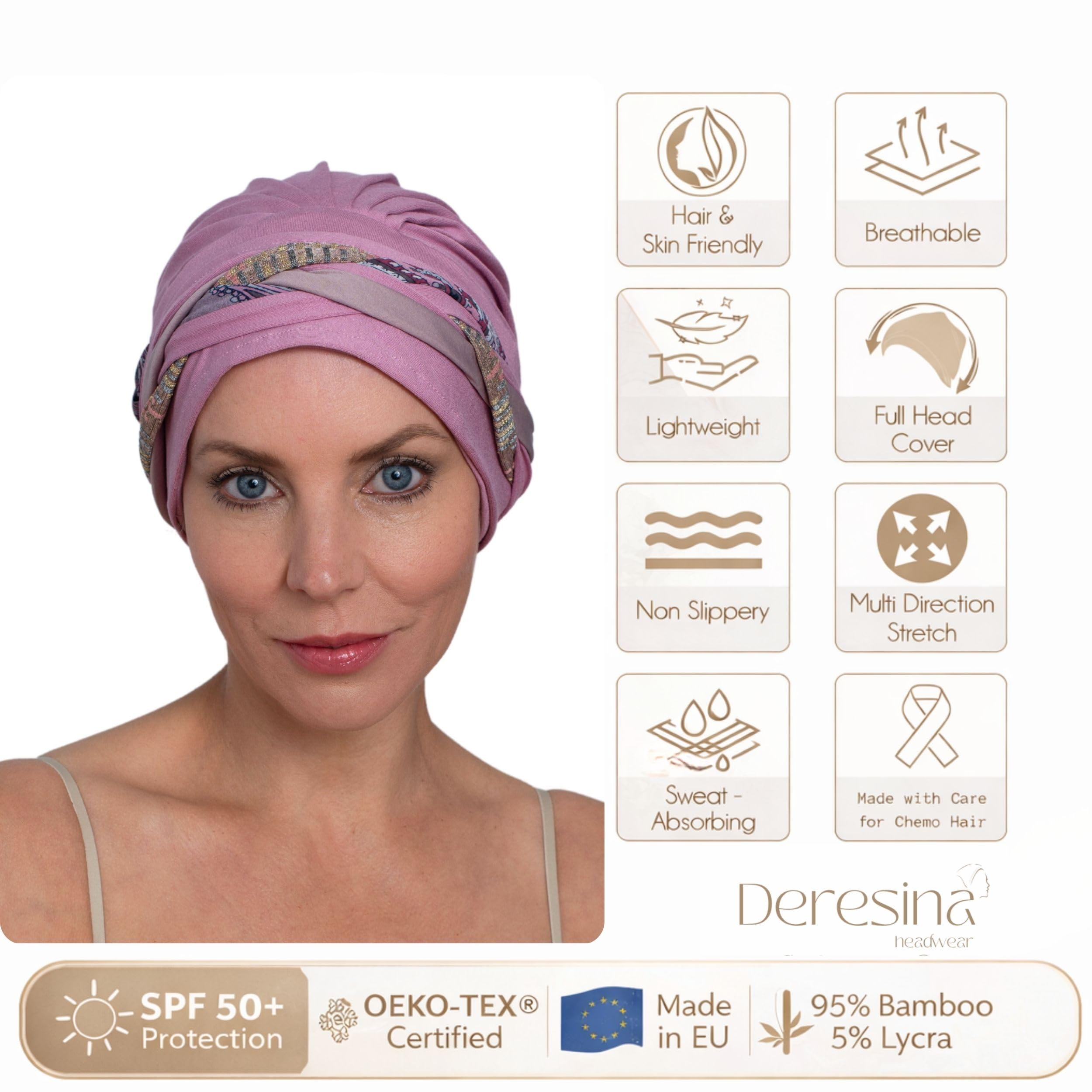 Deresina Turbante Chemioterapia in bambù, Turbante Boho Chic per Donne con Perdita di Capelli