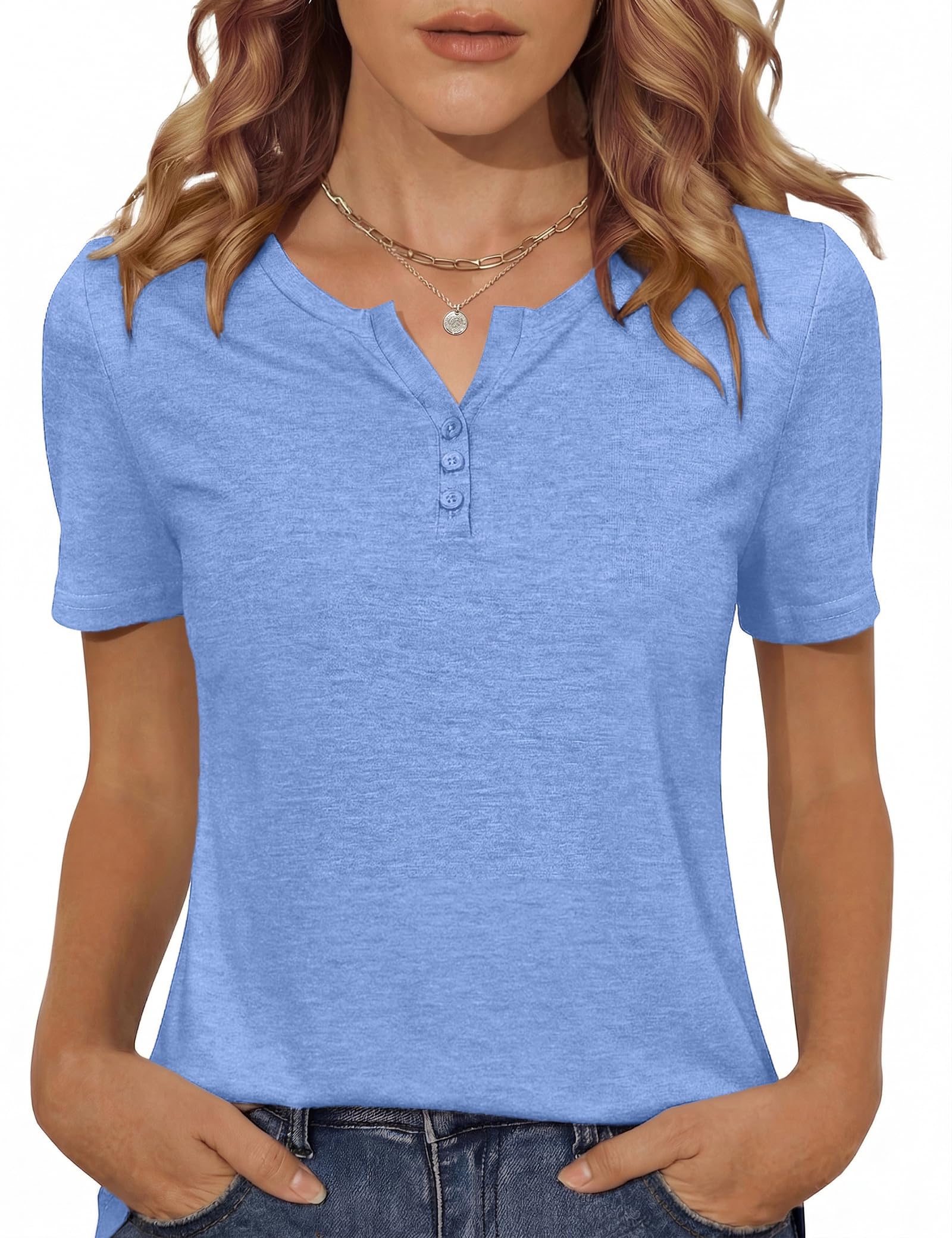 Totatuit Damen Kurzarmshirt Henley Kragen Einfarbig S-XXL | Leicht kombinierbares Sommer-Shirt, casual geschnitten für Büro Shopping Freizeit und Urlaub