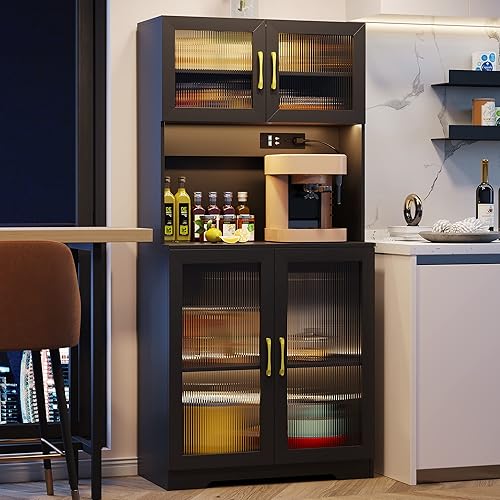 Miniatura 9 de LVSOMT Armario de almacenamiento LED de 67 pulgadas con estación de carga, enchufes y puertos USB, gabinete de despensa de cocina, gabinete de