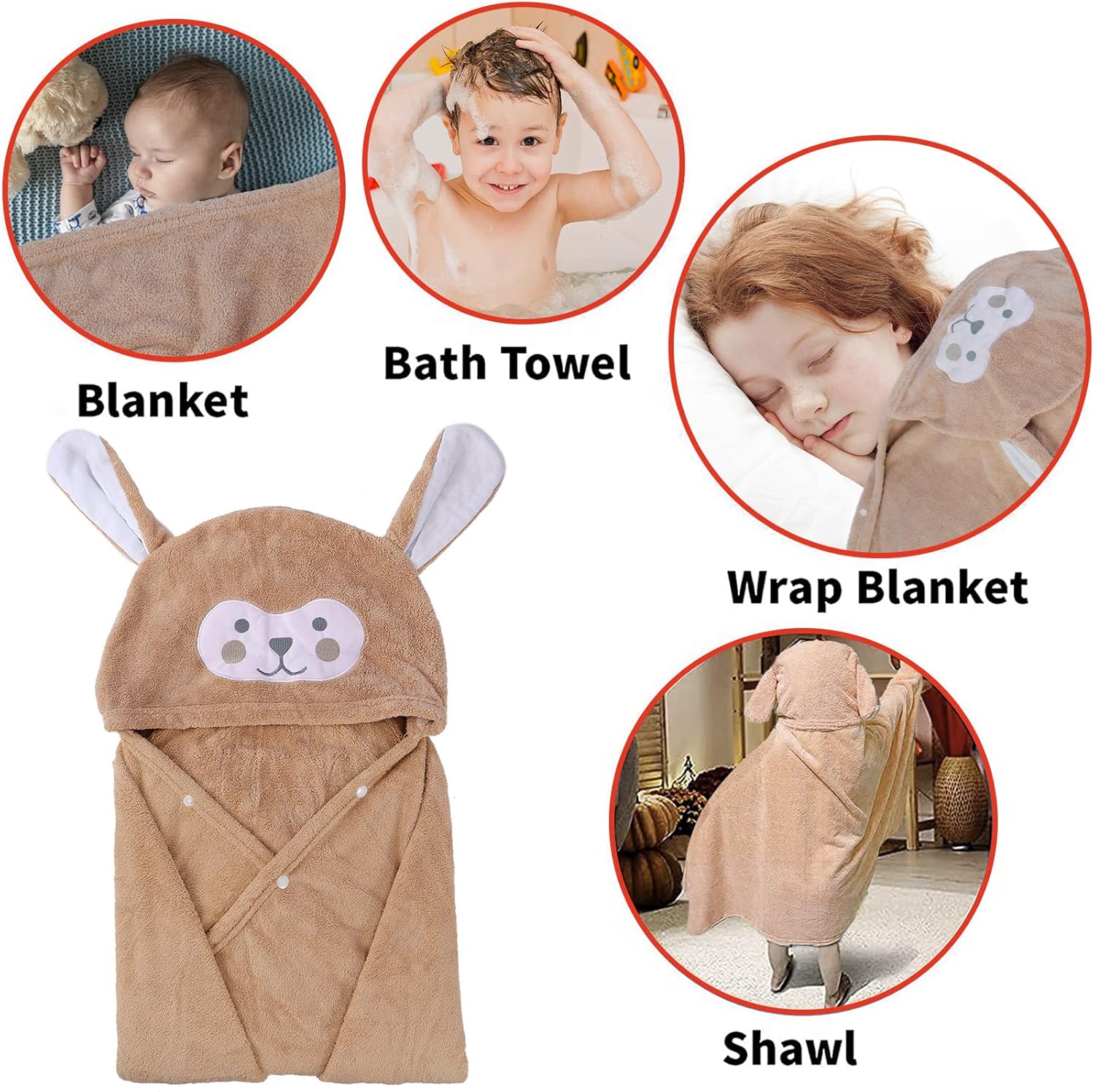 Visen Premium Hooded Towel for Kids,-28×55 INCH Large Size Kids Bath Towel,Ultra Soft Hooded Towel Wrap for Boys Girls, Highly Absorbent Bathrobe Blanket Gifts for Toddlers Shower (Brown) - Image 6