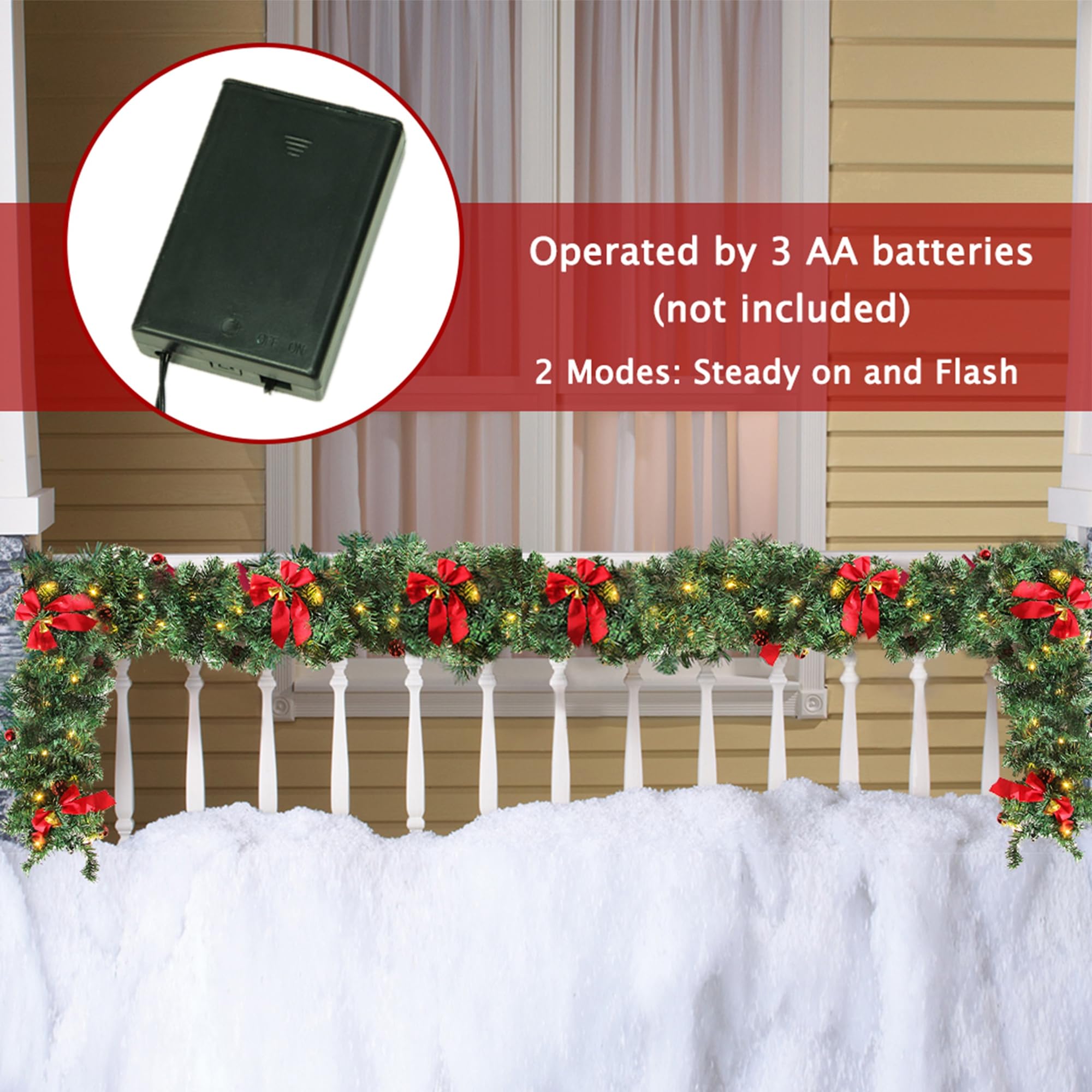 ATDAWN 9 FT Christmas Garland, Battery Operated Prelit Garland