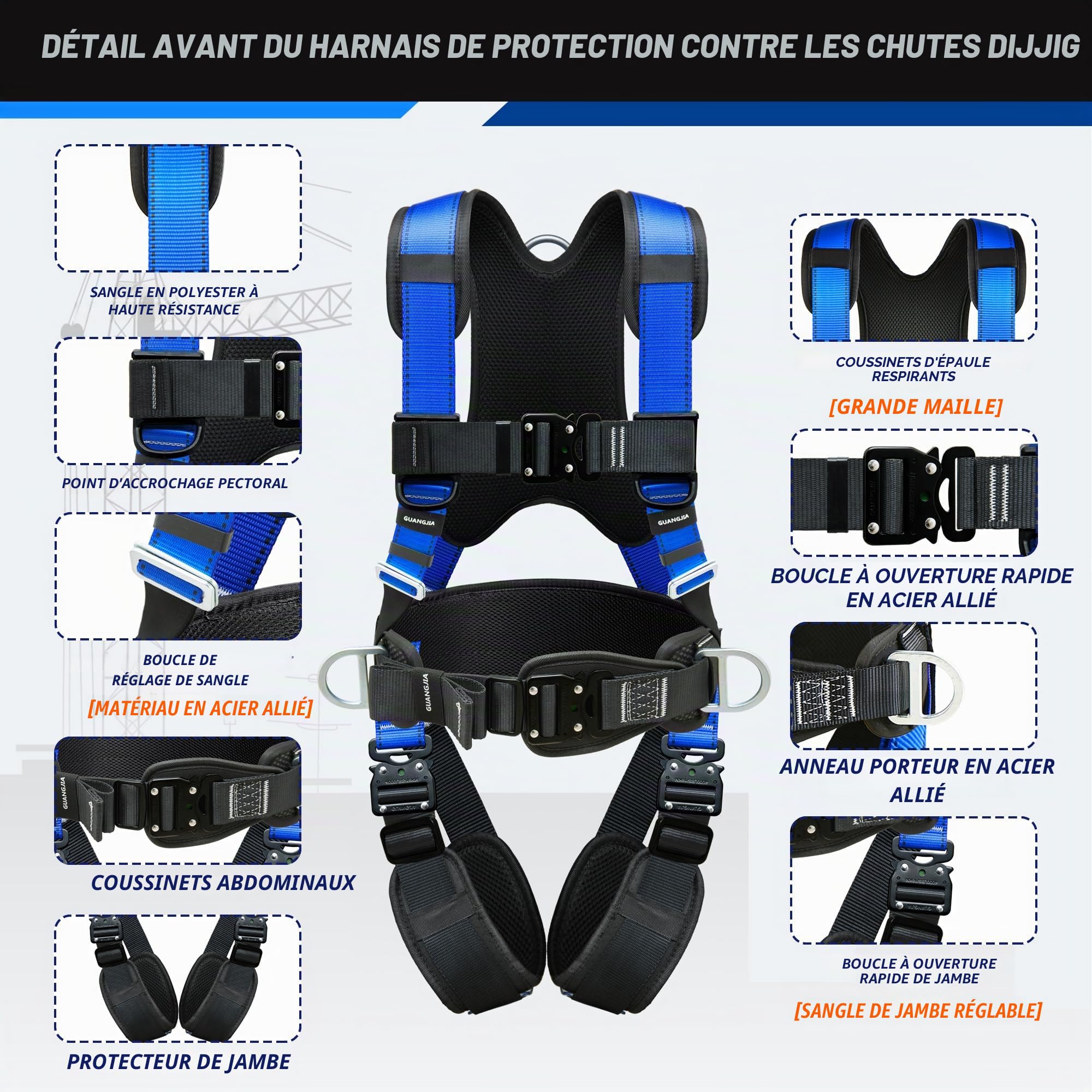 DIJJIG Kit de Harnais de Sécurité avec 1.8M Lanyards Protection de La Taille et Des Épaules Projets de Construction Opérations de Toit à Haute Altitude Harnais de Sécurité Anti-Chute CE