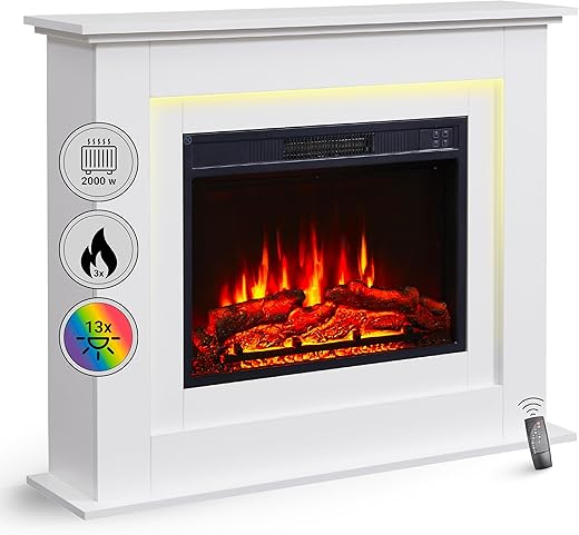 BALDERIA Finn Elektrokamin - Standkamin mit Heizung 2000 W, realistischer 3D-Flammeneffekt, Ambientebeleuchtung, Fernbedienung, Timer, Thermostat - Weiß