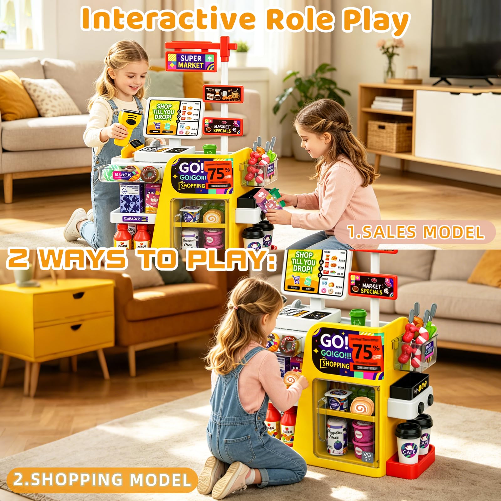 RedCrab Supermercato Giocattolo per Bambini, 65 Pezzi Accessori per Negozio, Registratore di Cassa Giocattolo con Scanner e Suono, Gioco di Ruolo Regalo per Bambini 3+ Anni