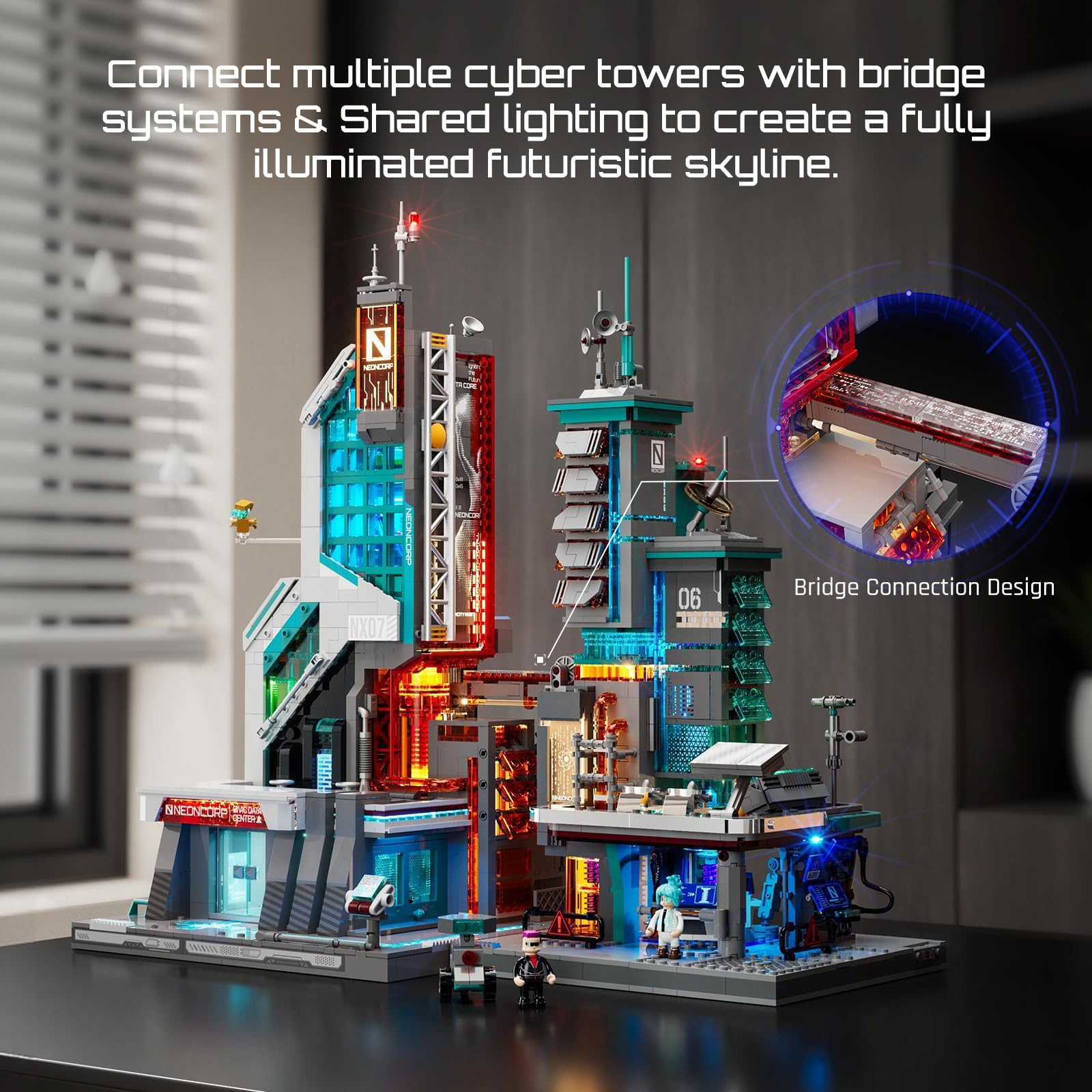 Lumibricks Neon Tech Station Beleuchtetes Klemmbaustein-Set, 1282 Teile Cyberpunk Hochhaus mit LED-Licht, Modulare Datenstation mit Herausnehmbaren Modulen & Stromverbundsystem