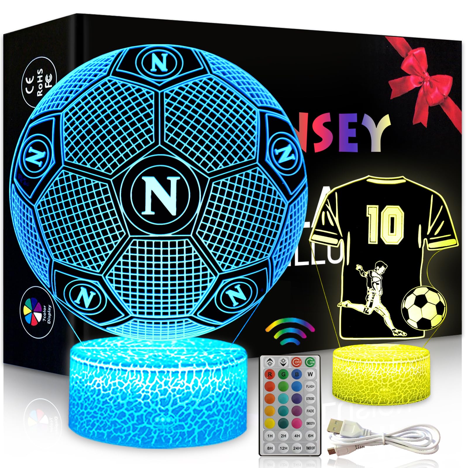 2 Pezzi Napoli Calcio Luce Notturna Bambini, Regalo de Calcio per Bambini 2 3 4 5 6 -12 anni, Calcio Lampade 3D Illusione Lamp con 16 Cambi di Colore, Regali di Natale Compleanno per Ragazza, Ragazzo