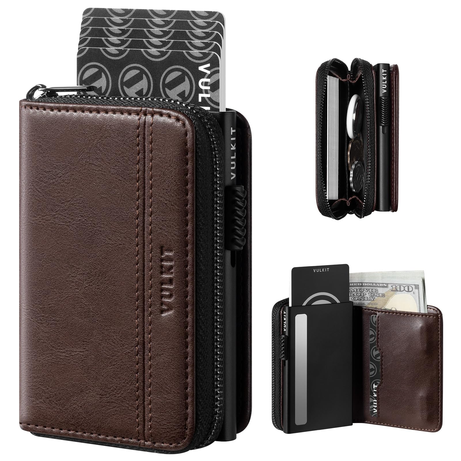 VULKIT Porte-cartes à grande capacité pour homme, blocage RFID, porte-monnaie métallique pop-up, espace pour 15+ cartes, compartiment pour billets, fenêtre pour pièce d'identité, poche à monnaie avec