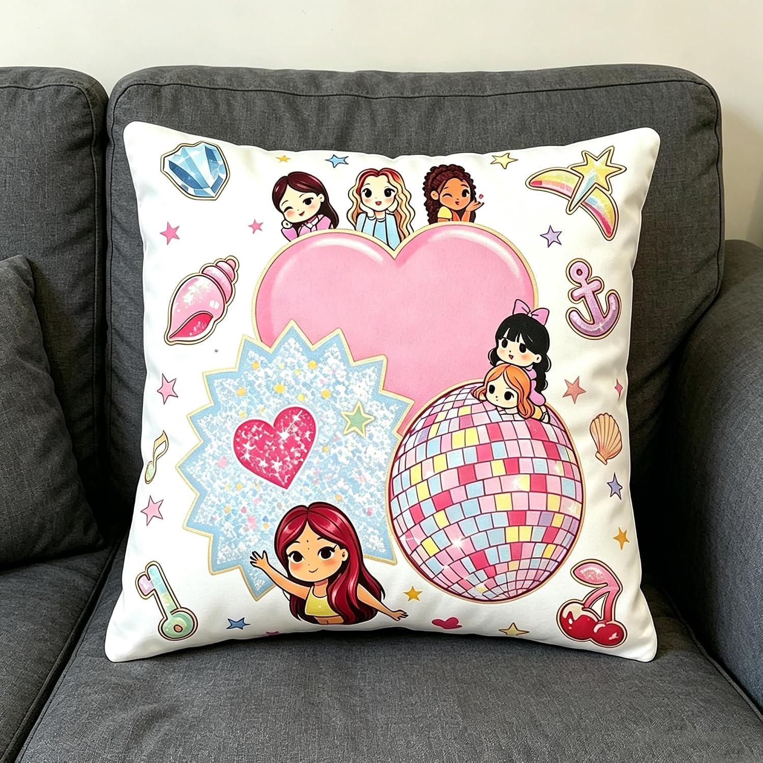 Kpop Merch Pillow Case for Teen Girls, Korean Girl Group Theme, 18x18 Inch, Cute Room Decor, Gift for K-pop Music Lovers (Style-02)
