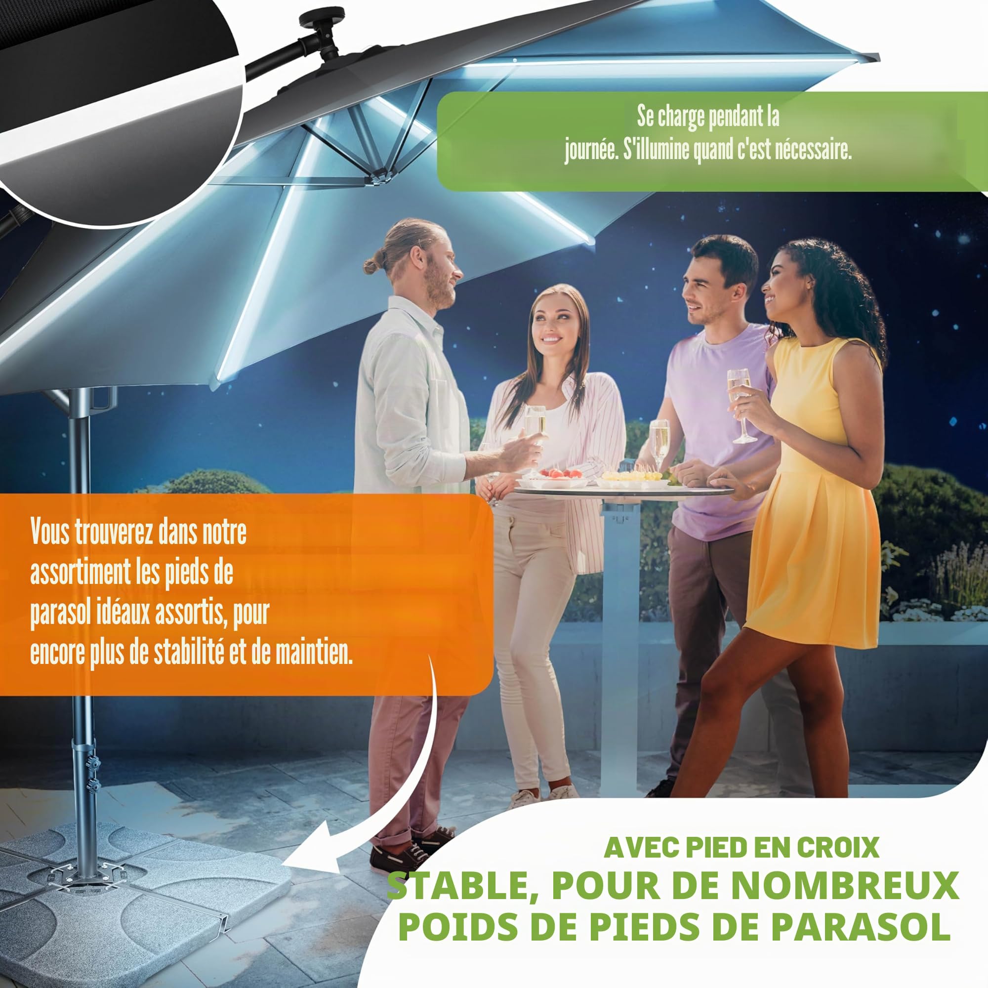 KESSER Parasol solaire LED en aluminium - Diamètre 300 cm - Télécommande, housse, cordes de sécurité - Manivelle, support - 360 ° - Protection UV