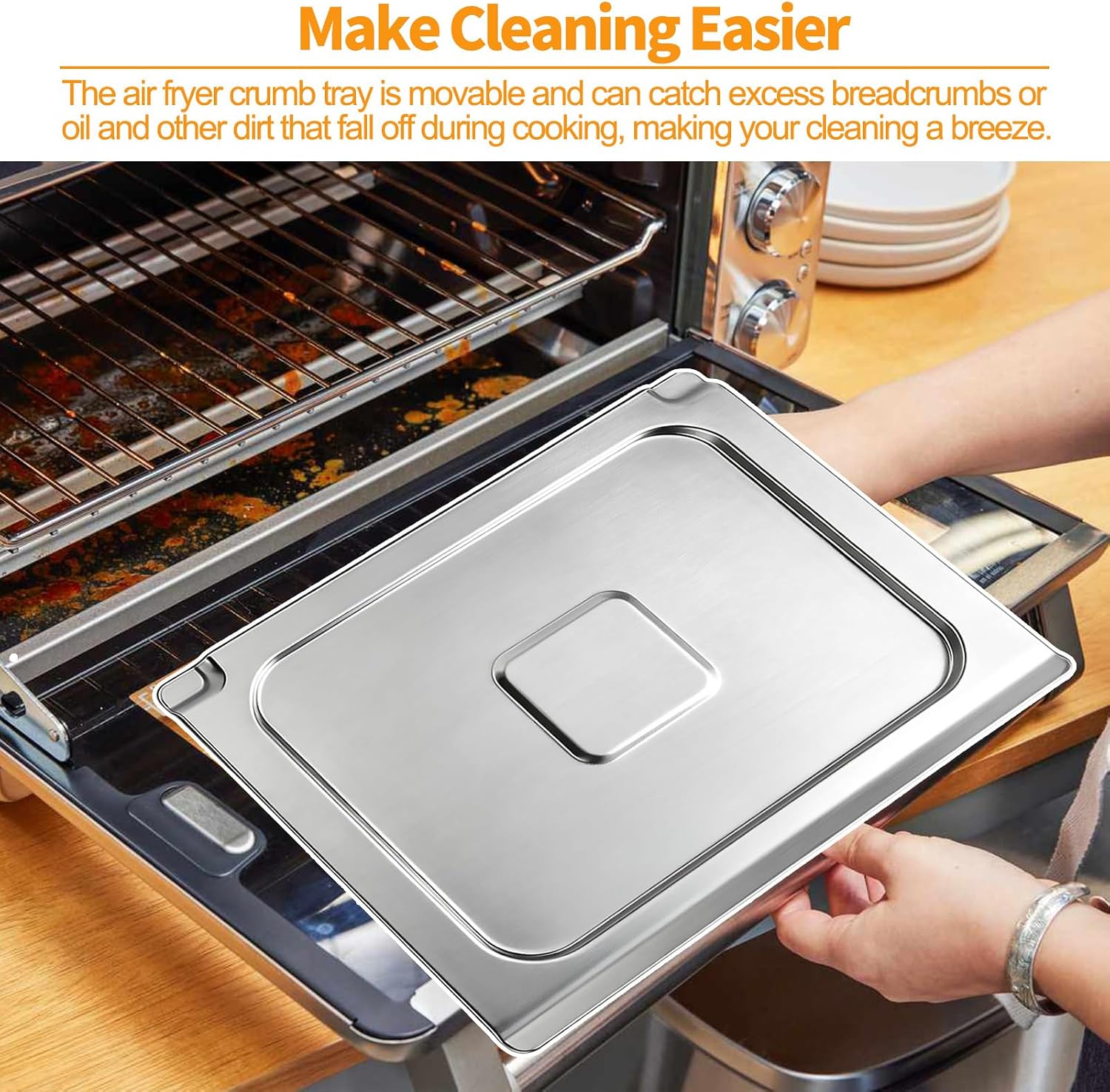 Upgraded B-AFO-002G-1 Crumb Tray Replacement Parts for PowerXL Air Fryer Grill Tray 304 Stainless Steel Power XL Air Fryer Oven Drip Tray Toaster Oven Bottom Crisper Pan Accessories