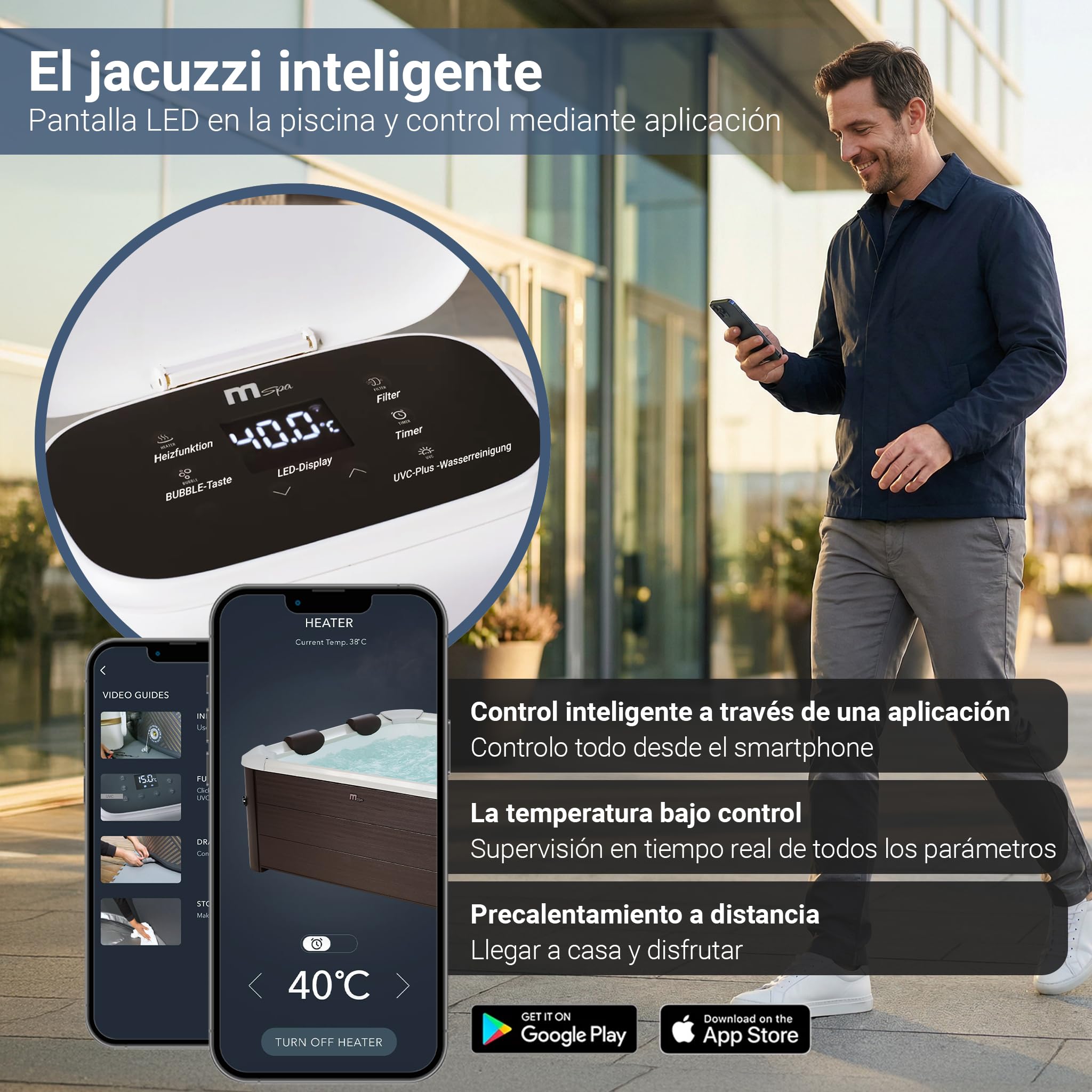 Miweba Whirlpool MSpa Tribeca con Pared Exterior Rígida | Control por App | SPA para 6 Personas | 160x160x65 cm | 120 Chorros de Masaje | Uso Todo el Año Resistente al Invierno