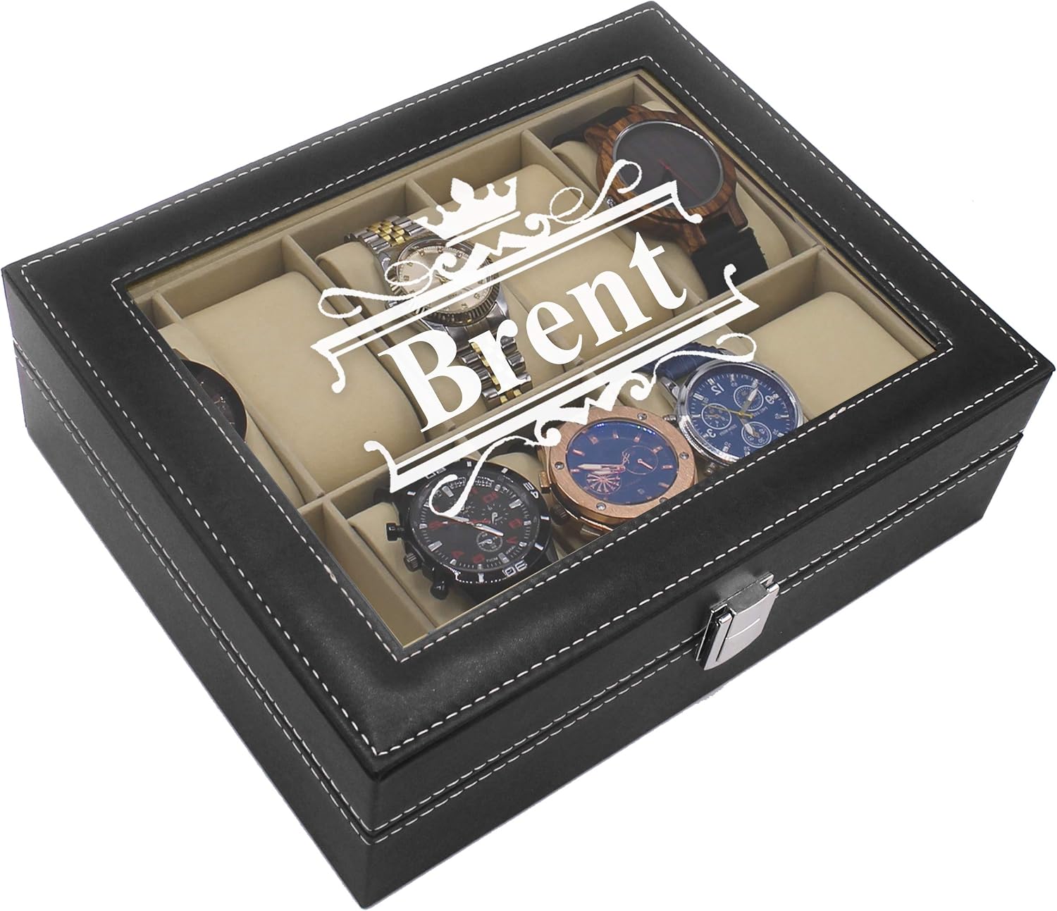 Custom Engraved Watch Storage Case Box - Groomsmen Father's Day Gift - Personalized - Crown Style (Black)