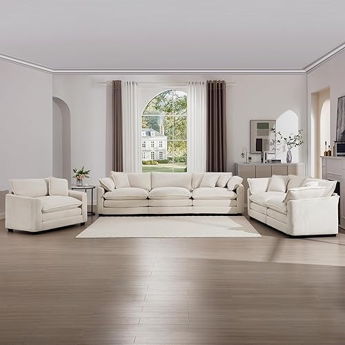 KEIKI 3-Piece Sofa Set with 1 Oversized Corduroy 3-Seater Sofa & 1 Loveseat & 1 Single Sofa, Upholstered 6-Seater Couch Set with 10 Pillow, High-Density Foam Cushions, for Living Room, Beige
