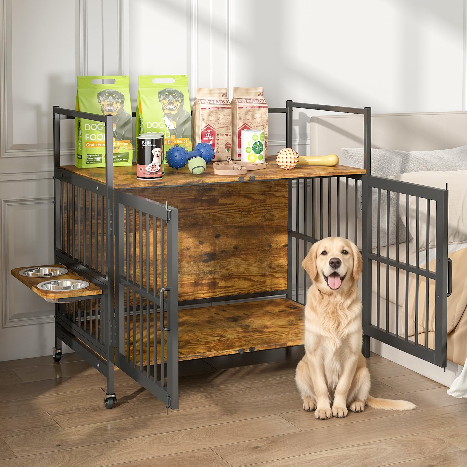 Rebongki Dog Crate Furniture with Storage Shelf, 99x58x96.5cm Indoor Large Dog Cage with 2 Rotatable Bowls and Wheels, Heavy Duty Dog House, Wooden Dog Kennel for Medium Large Dogs, Rustic Brown