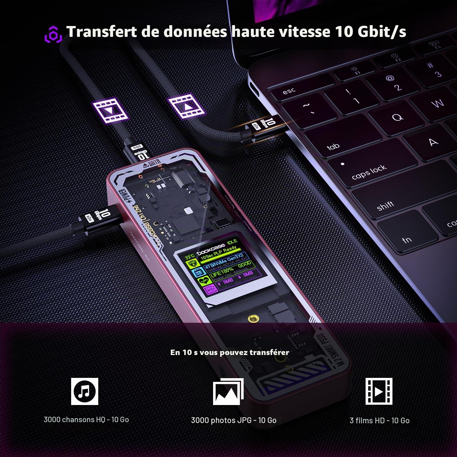 DOCKCASE Explorer Edition Smart Boîtier M.2 NVME, Protection 10s Contre Les Pertes de Courant, Détection de l'État SSD, USB 3.2 (10 Gbps), Pour NVMe Jusqu'à 4 To, Rosa