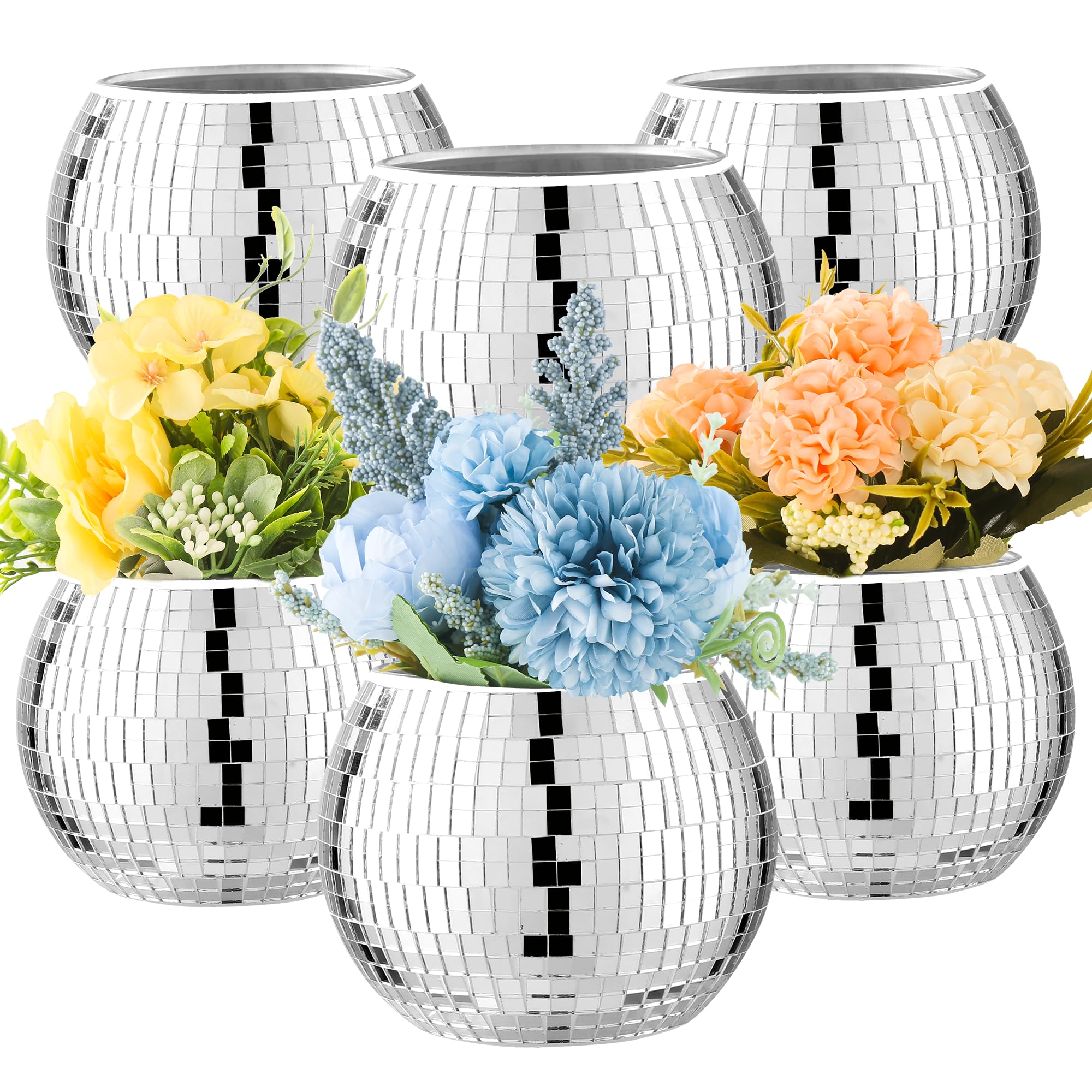 6 Pcs Disco Ball Vase Disco Ball Planter for Centerpieces Disco Ball Decor Flower Vase with Silver Mirror Glass for Wedding, Birthday, Party (4" X 4.7")