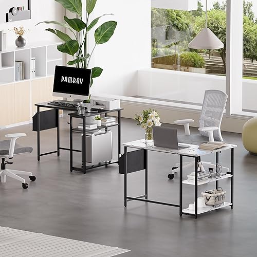 Miniatura 4 de Pamray Escritorio para Computadora en Forma de L de 40 Pulgadas con Estantes de Almacenamiento Laterales Reversibles, Escritorio de Esquina Pequeño