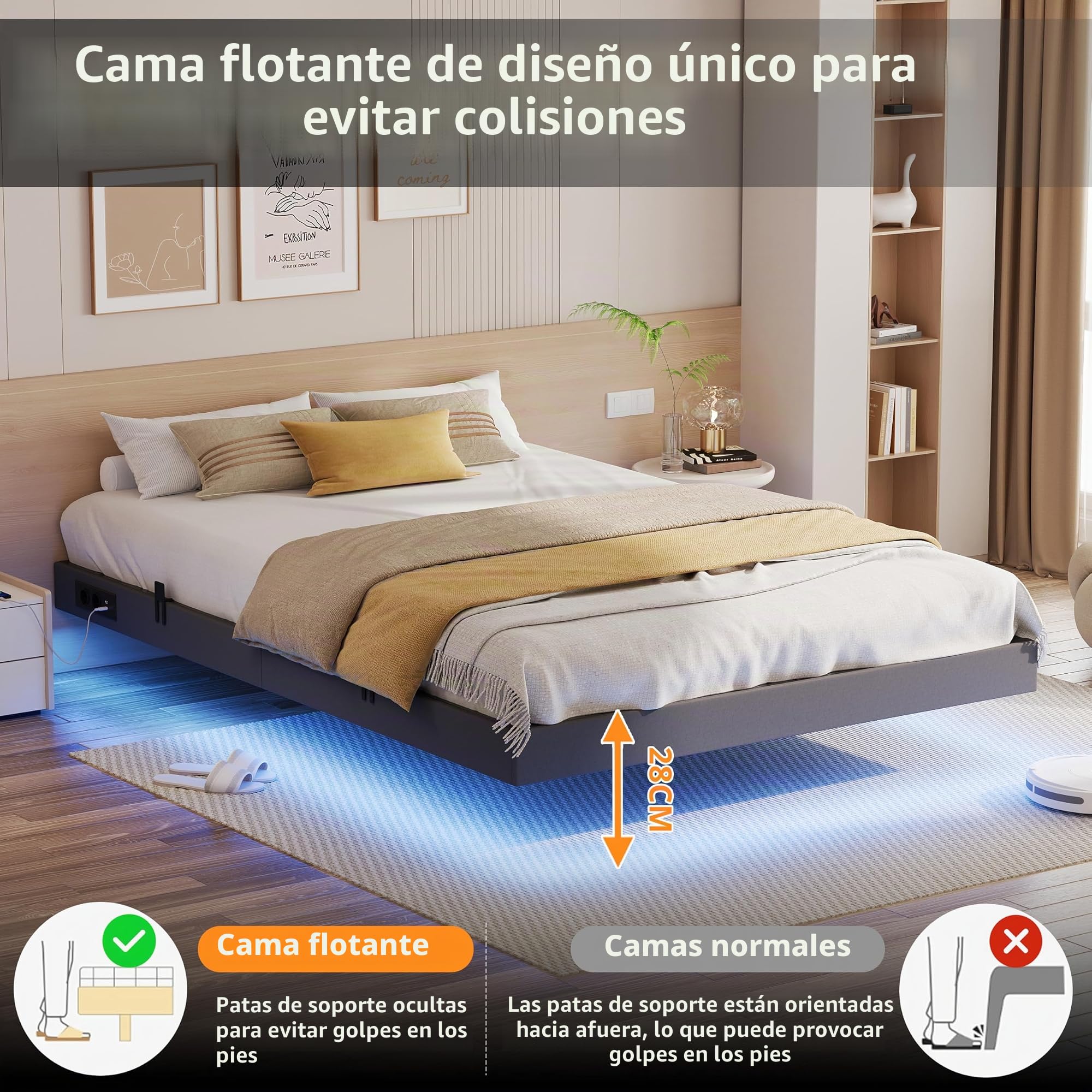 IRONCK Cama de 160 x 200 cm con iluminación LED y estación de Carga, Estructura de Cama de 160 x 200 cm, Color Gris