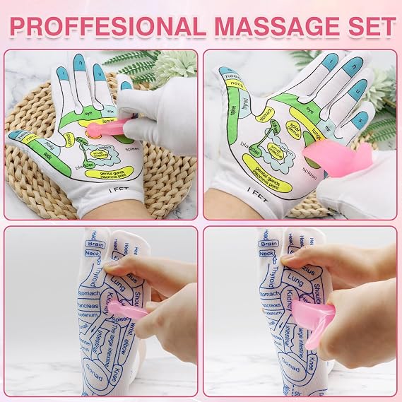 VEGCOO Reflexology Socks Gloves, Foot Massage Socks Acupressure Socks with Tools, Marked Acupoint Massage Socks & Gloves Set for Tired Relieve (Women,Size 34-39) (Pink)