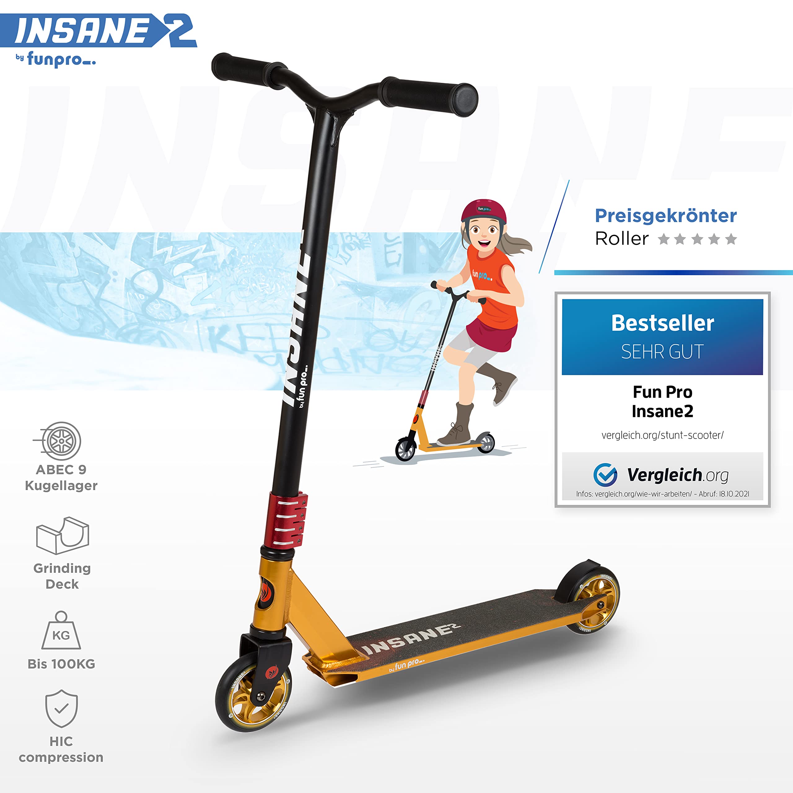 Trottinette Freestyle Insane2 Fun Pro – Charge 100 Kg, ABEC9, Roues 110 Mm Alu, Pour Semi-pro (Goldfinger)