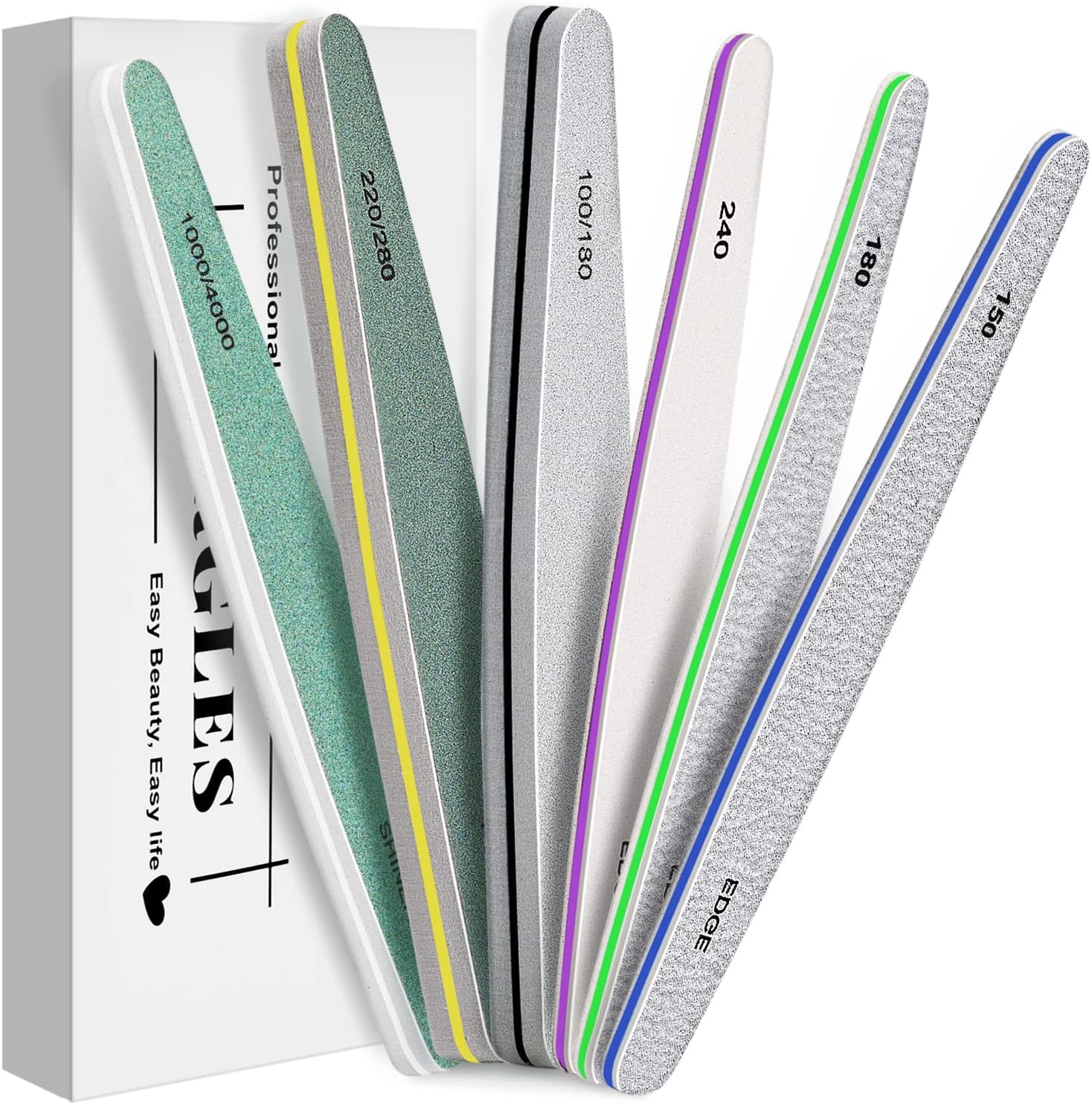 MORGLES Emery Boards Professional Grit Nail File Pack for Acrylic/Natural/Gel Nails (100/150/180/220/240/280/1000/4000 Grit)