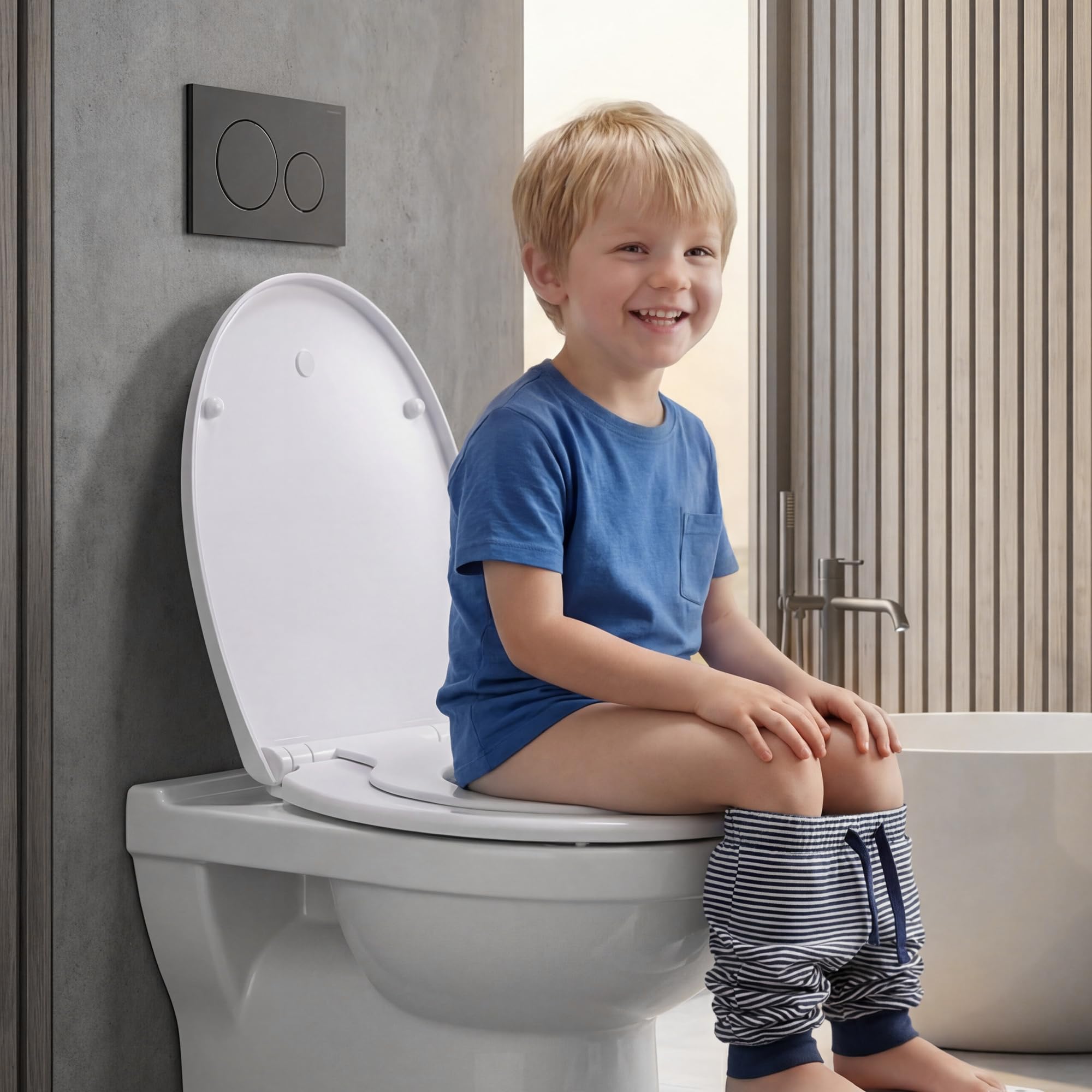 Himimi Abattant WC, Familial Cuvette Toilette avec Siège Enfant Magnétique, Frein de Chute et Charnière Réglable, Lunette WC pour Adultes et Enfants, Forme O, Blanc (447mm x 372mm x 55mm)