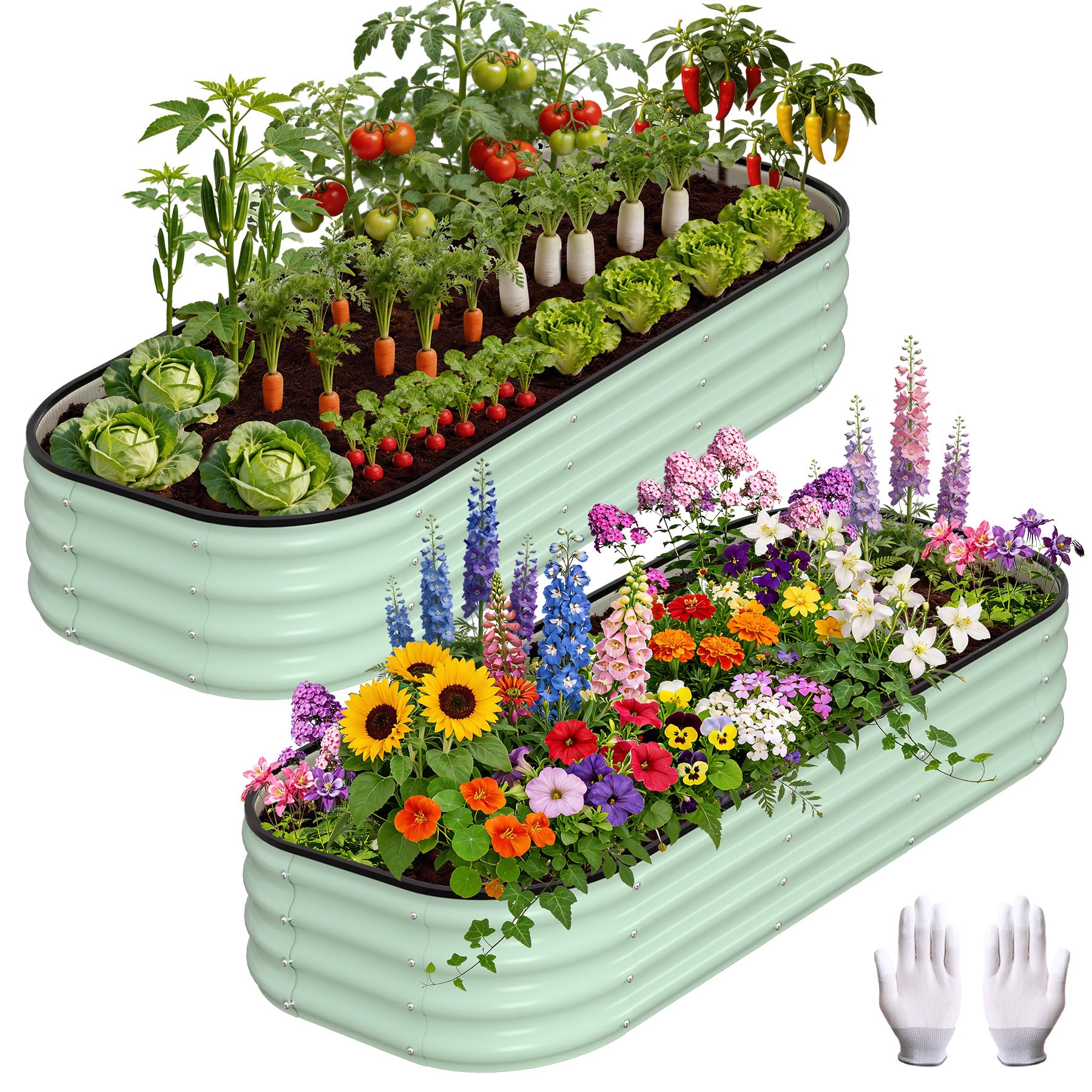 GarveeMore Galvanized Raised Garden Bed, 2Pcs Raised Garden Beds Outdoor, Rectangle Planter Raised Beds with Gloves and Rubber Edge Trim for Vegetables, Flowers and Herbs, 120x60x30 cm, Green