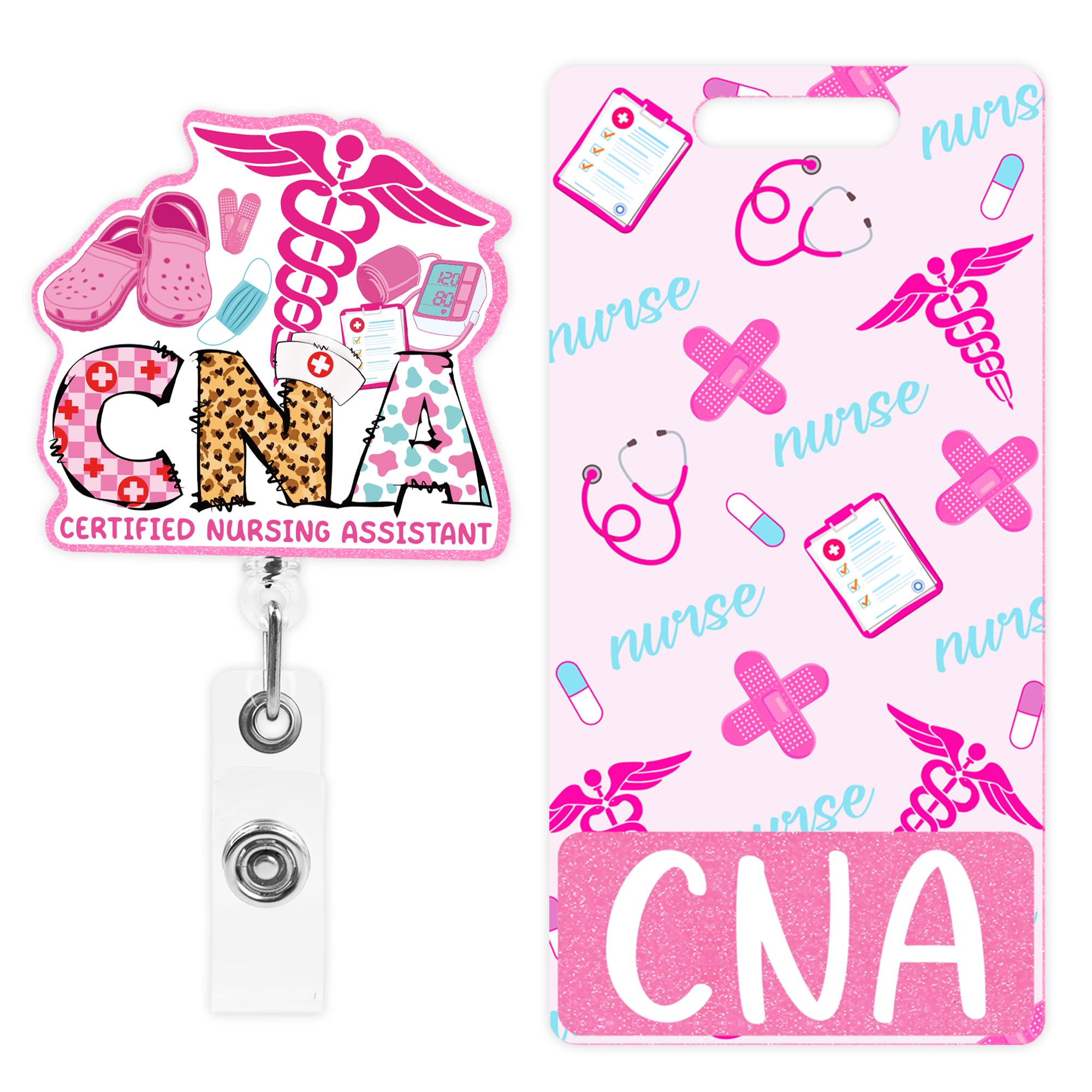 CNA Badge Reel and Buddy, Pink Retractable ID Holder and Glitter Badge Card for Certified Nursing Assistant, Cute Gifts for CNA Nurses