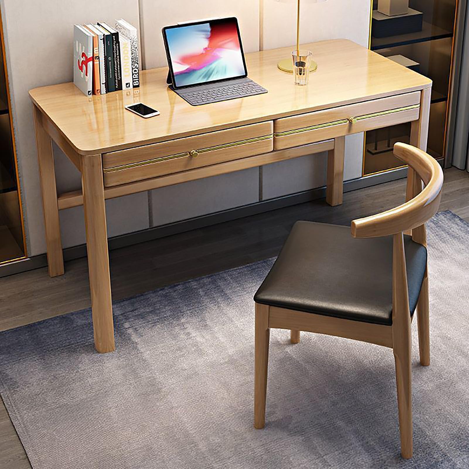 WDSOPK Mid-Century Modern Solid Wood Writing, 2-Drawer Home Office Computer Workstation, Large Surface Study Table for Remote Work, Walnut Finish（Wood-100x60x75cm）