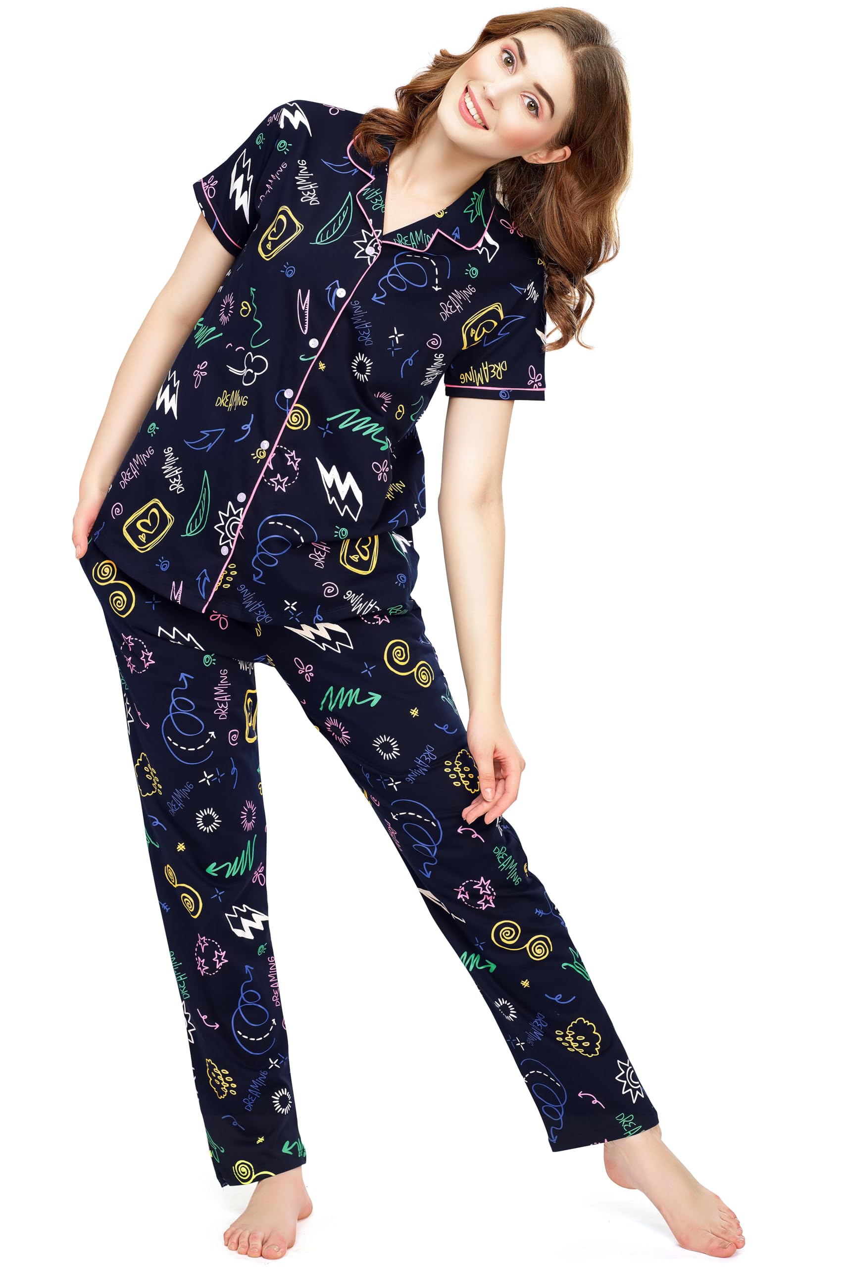 zeyo Night Suit for Women's Printed Cotton Night Dress of Shirt and Pajama Set 5751-picture-49