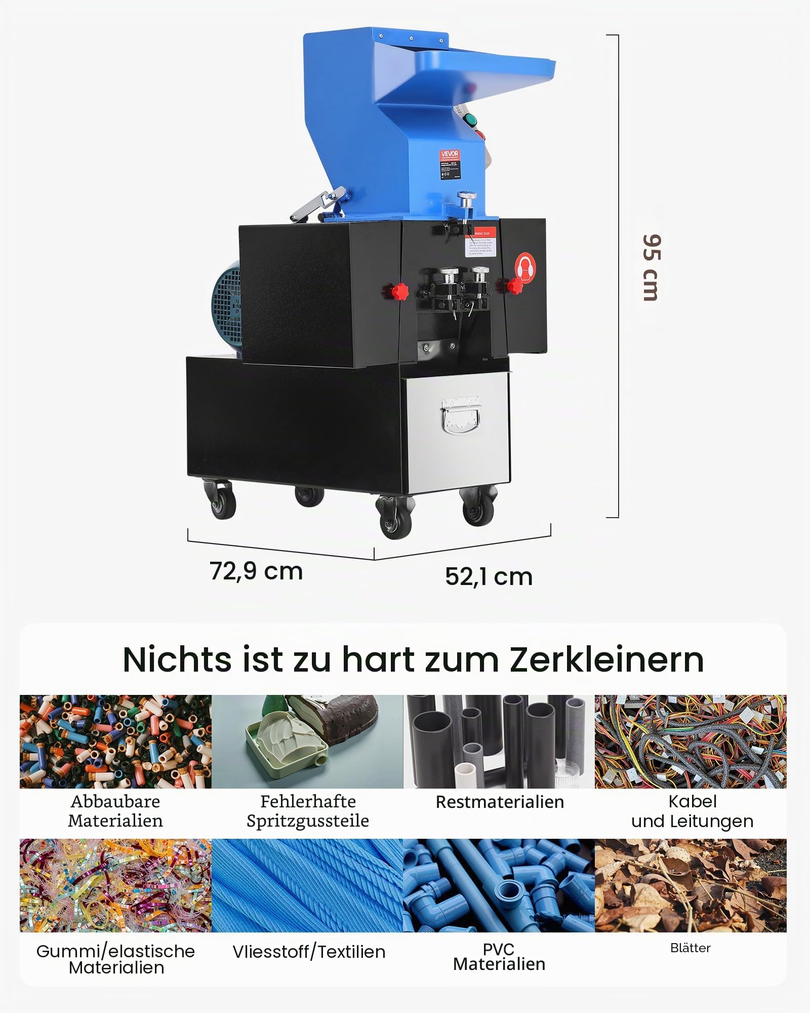 VEVOR Kunststoff-Schredder-Zerkleinerer, 2,2 kW, Granulator für Kunststoff, 100–150 kg/h Kapazität, mit Rädern, SDK-11-Klinge & 6 mm Maschenweite für PVC, ABS, PTFE(380V, 50 Hz 3-phasig)