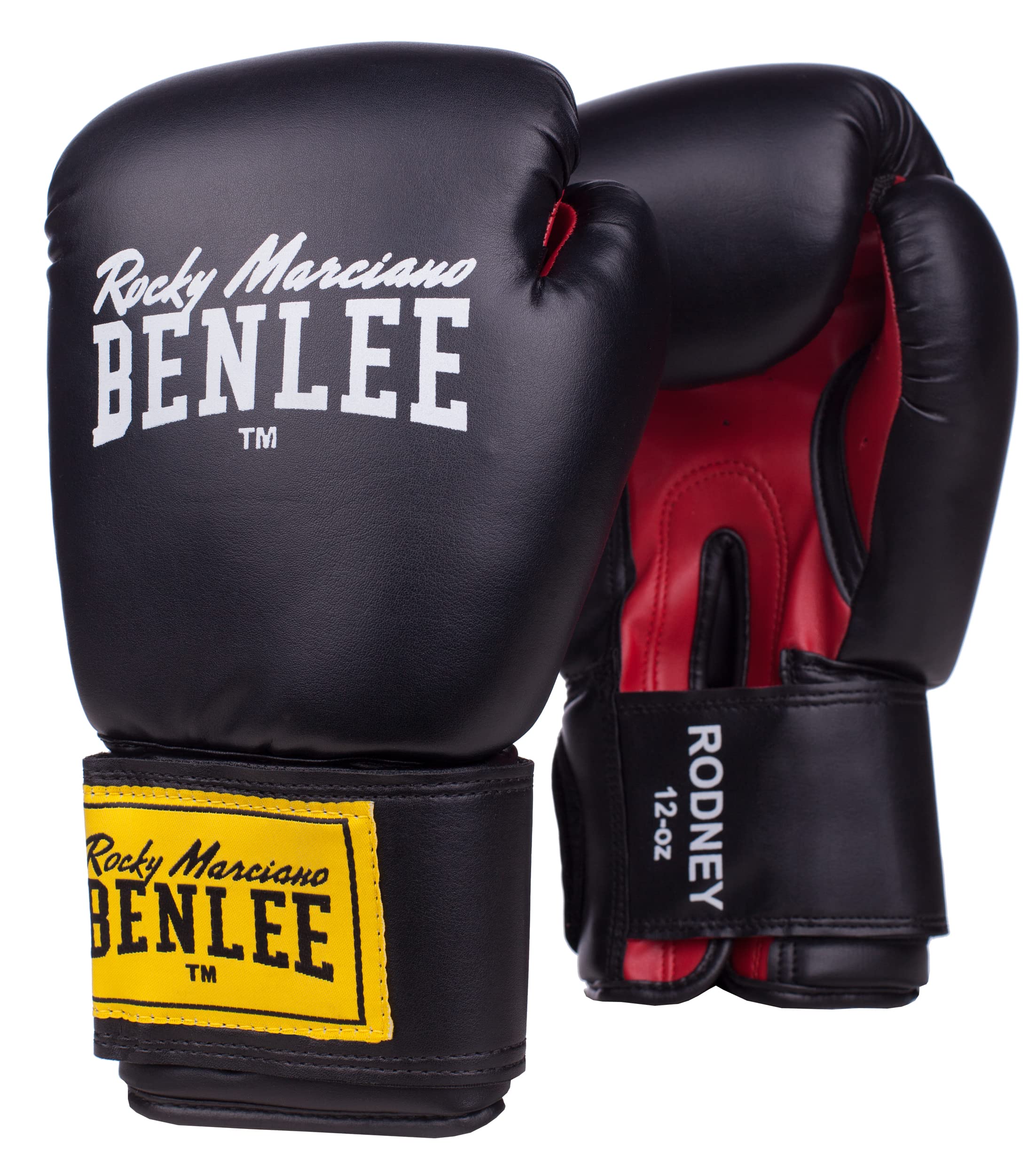 BENLEE Boxhandschuhe aus Artificial Leather Rodney Black/Red 14 oz & Streifen Boxbandagen elastisch 450 x 5 cm schwarz