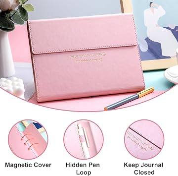 MINICAGIE Magnetic Journal for Women and Girls, A5 Leather Hardcover Journaling Notebook, 224 Pages 100 Gsm Thick Paper Lined Mood Tracker Journals for Writing, 5.7x8.3 In, Pink
