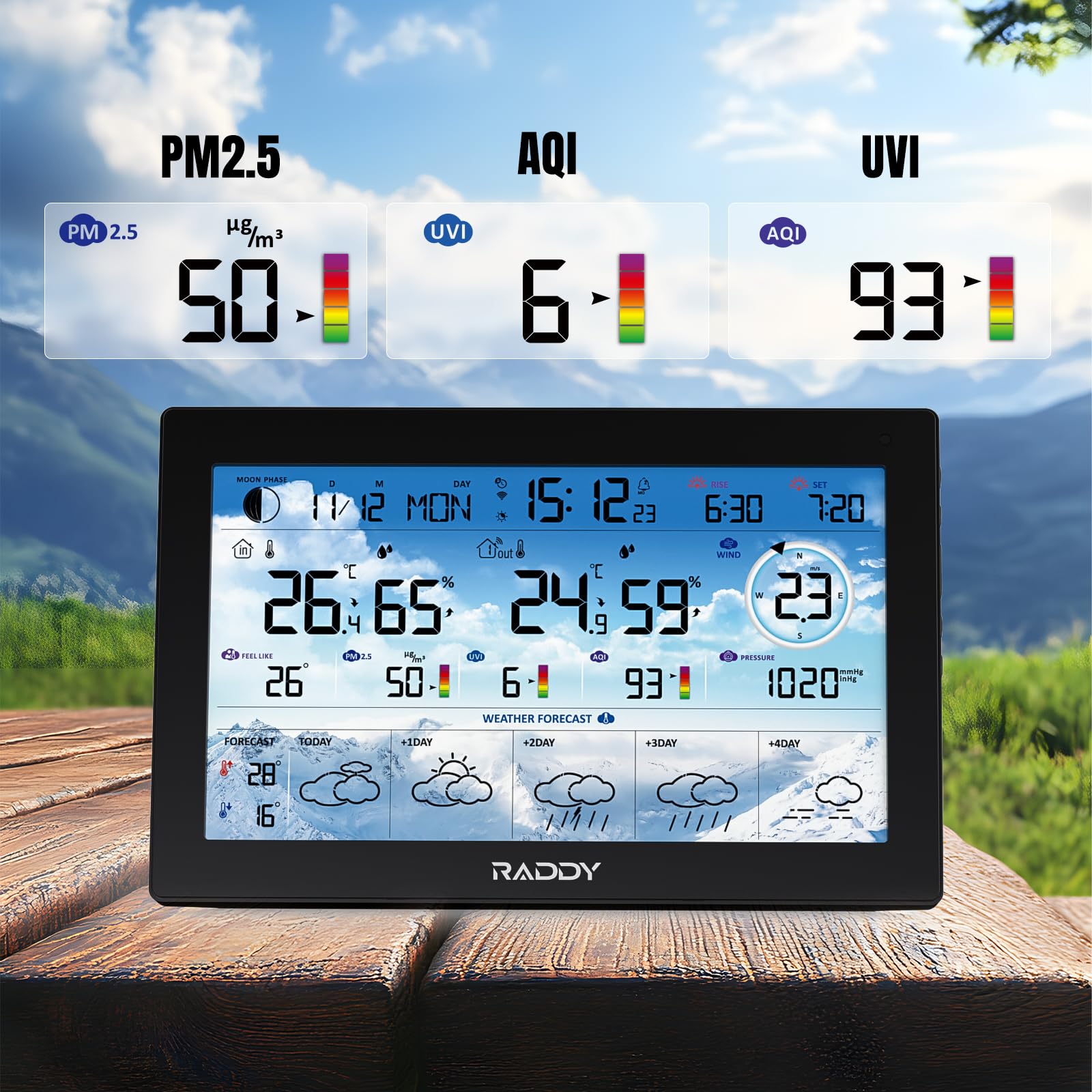 Raddy Stazione meteo WLAN N90 con display HTN da 8,8", connessione app intelligente, termometro interno ed esterno con sensore radio, monitor di temperatura e umidità, indice PM2.5/AQI/UV, previsione