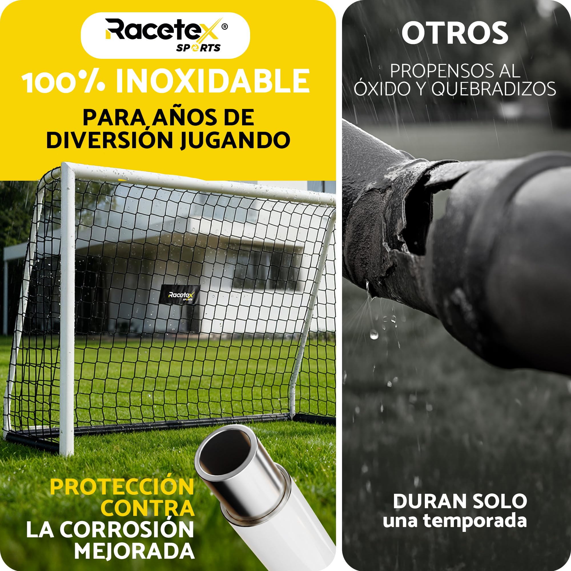 Portería de fútbol Racetex para jardín con marco de acero estable y anclaje de acero inoxidable