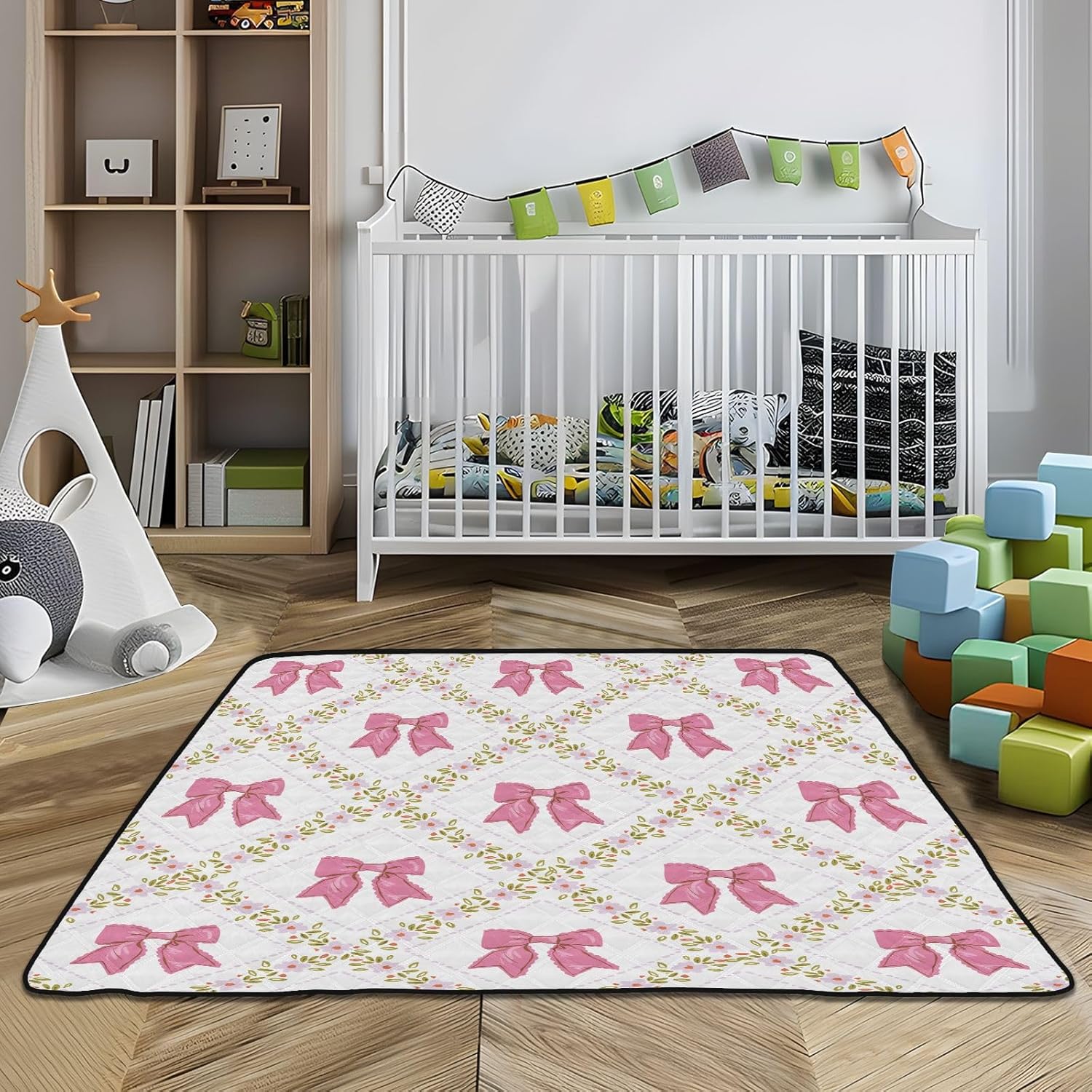 Baby Play Mat Bows Small Flowers Checkered Pink 50 x 50 Playpen Mat Baby Play Mats for Floor Play Gym Crawling Mat Non-Slip Cushioned Baby Playmat for Infants, Babies, Toddlers