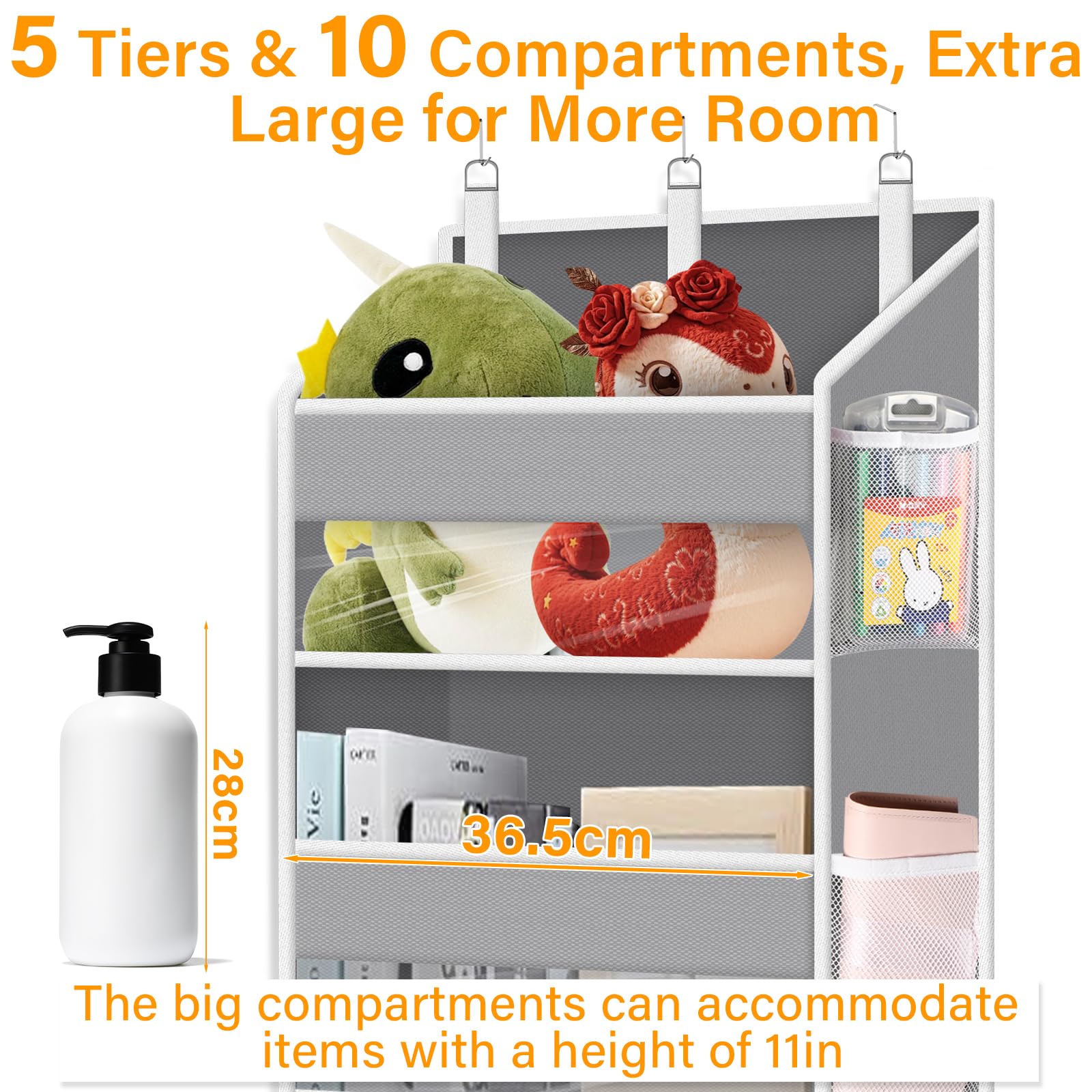 Fixwal Organizer da appendere alla porta con 5 ripiani, organizer per stanza con tasche in plastica trasparente, 11,3 kg, ultra robusto e di grande capacità, per armadio, camera da letto, asilo, bagno