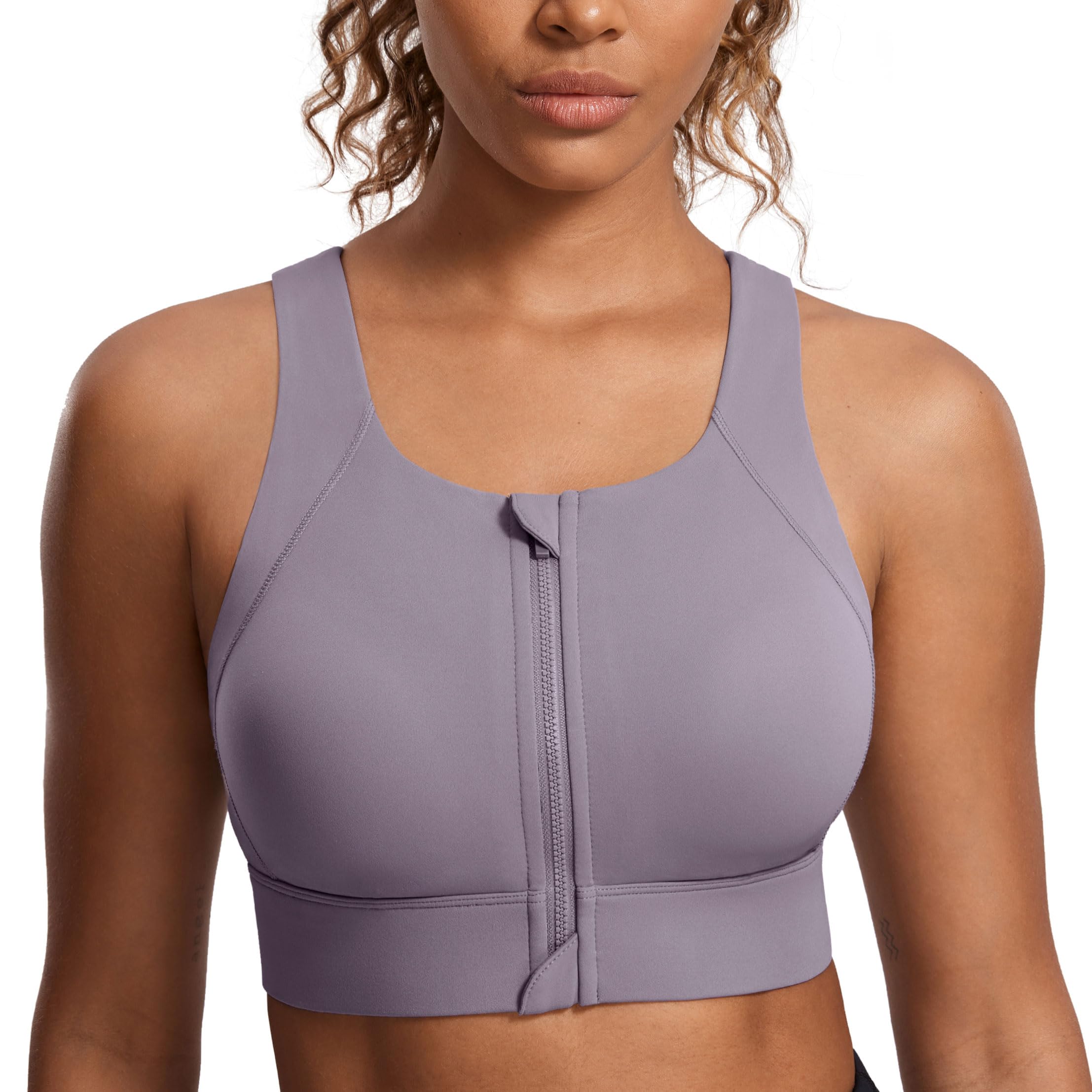 SYROKAN Biustonosz sportowy Criss Cross Back High Neck High Impact Zip Front Wireless Bras z podparciem i podnoszeniem