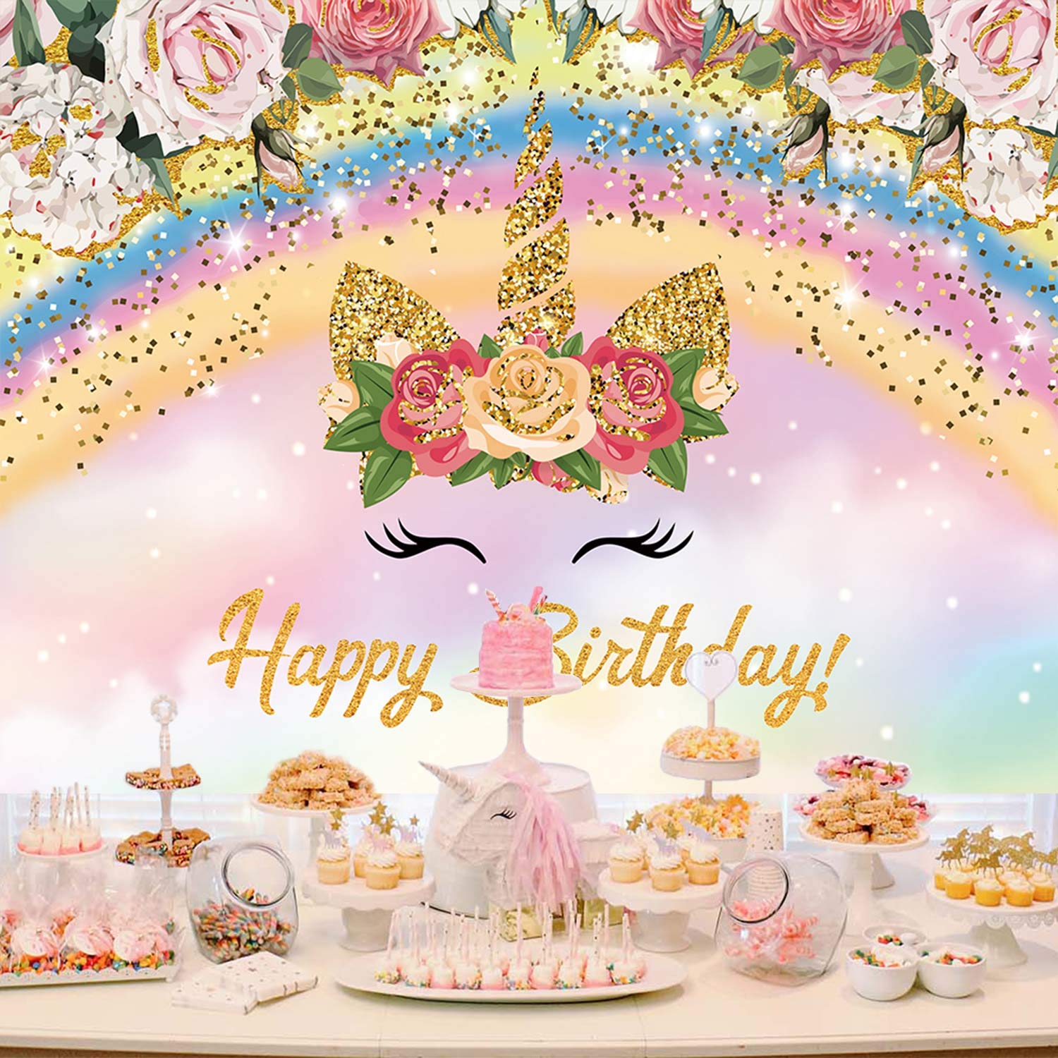 Unicorn Birthday Backdrop for Girl, Floral Unicorn Photography