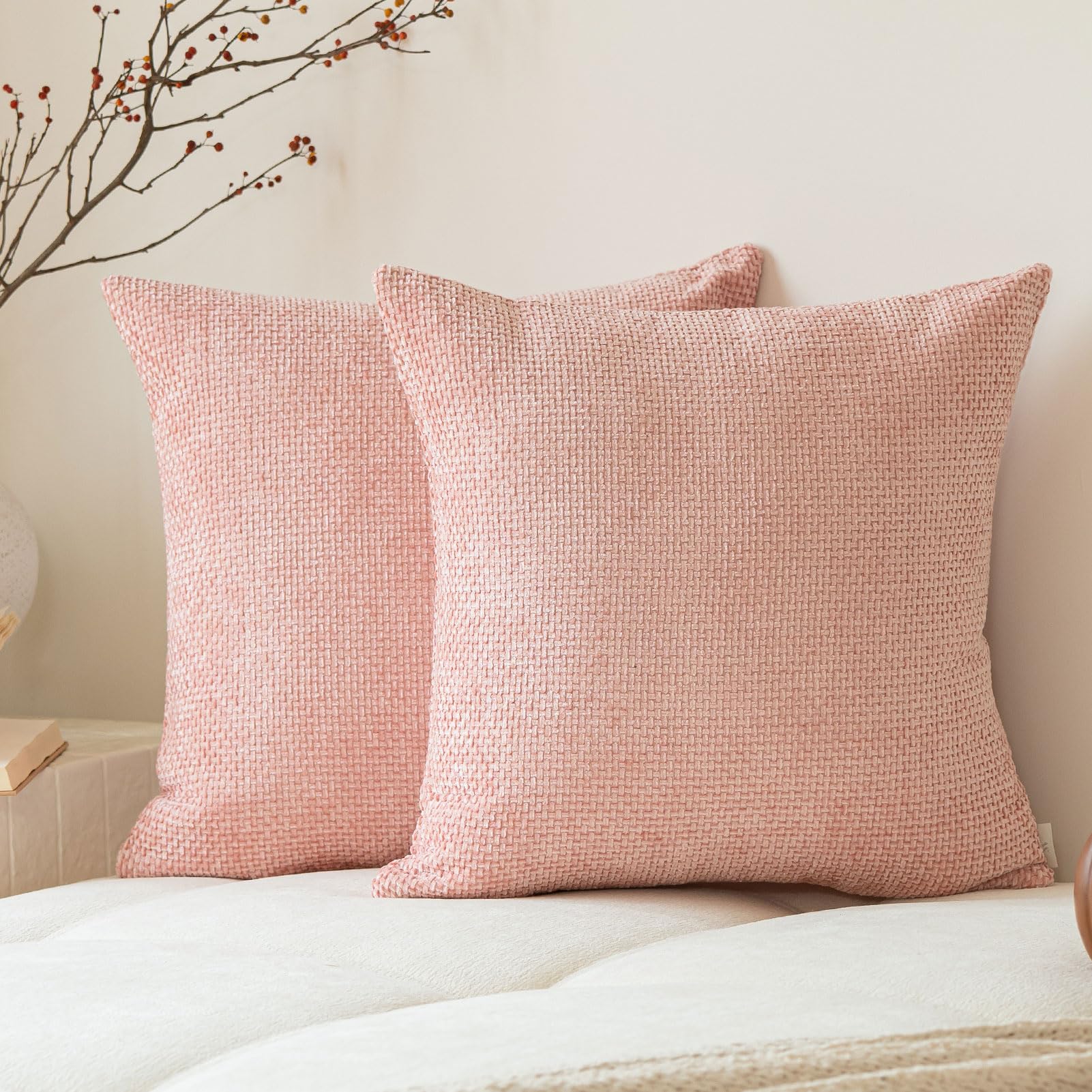 A Moment Pink Chenille Cushion Cover Throw Pillow Covers 45 x 45 CM Pack of 2 Modern Decorative Pillowcase Farmhouse Cross Pillows