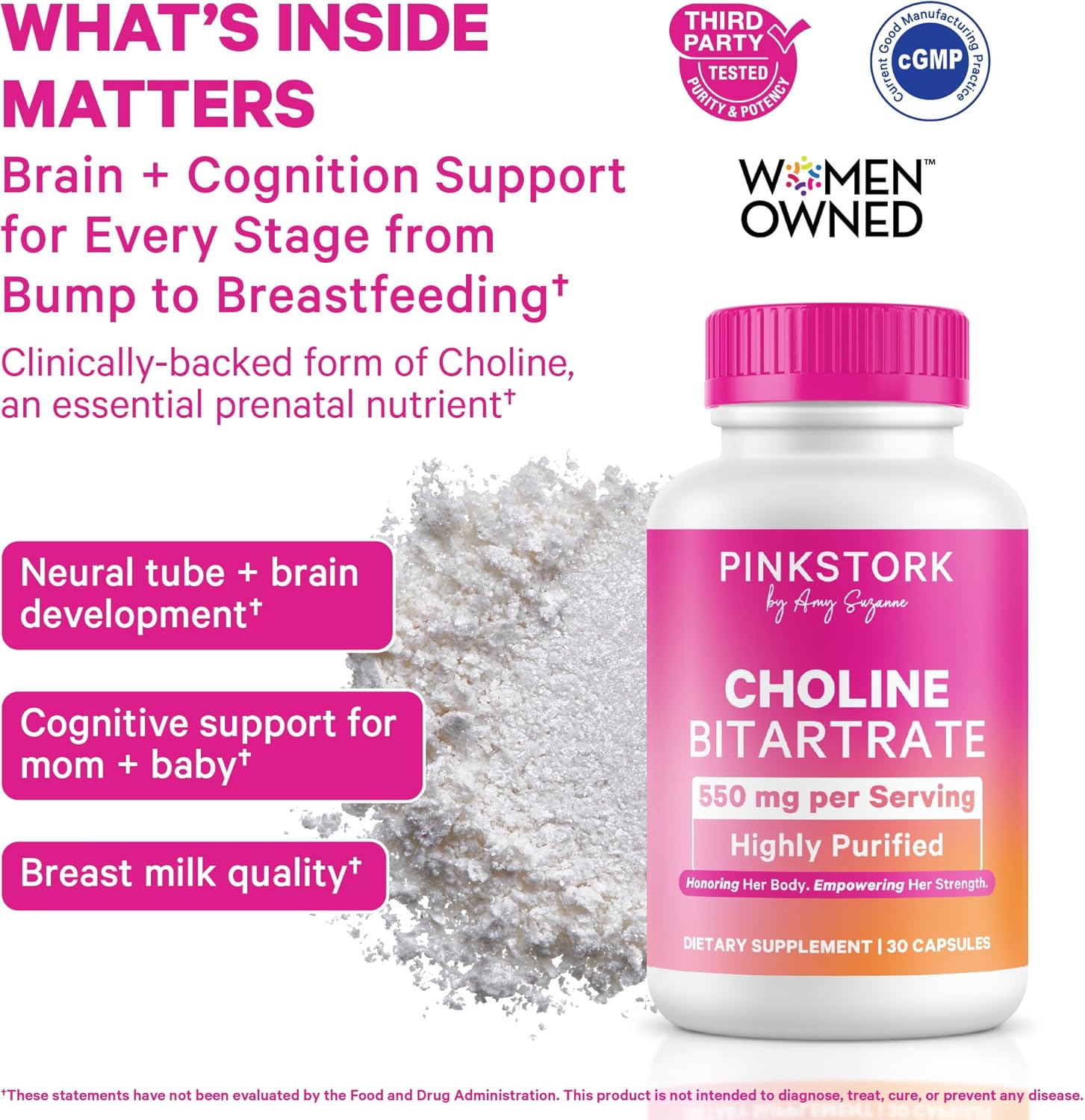 Pink Stork Choline - 550 mg Choline Bitartrate from VitaCholine for Pregnant + Postpartum Moms - Prenatal Vitamin for Fetal Cognitive Health + Breast Milk Quality - 1 Capsule Daily, 30 Count - Image 2