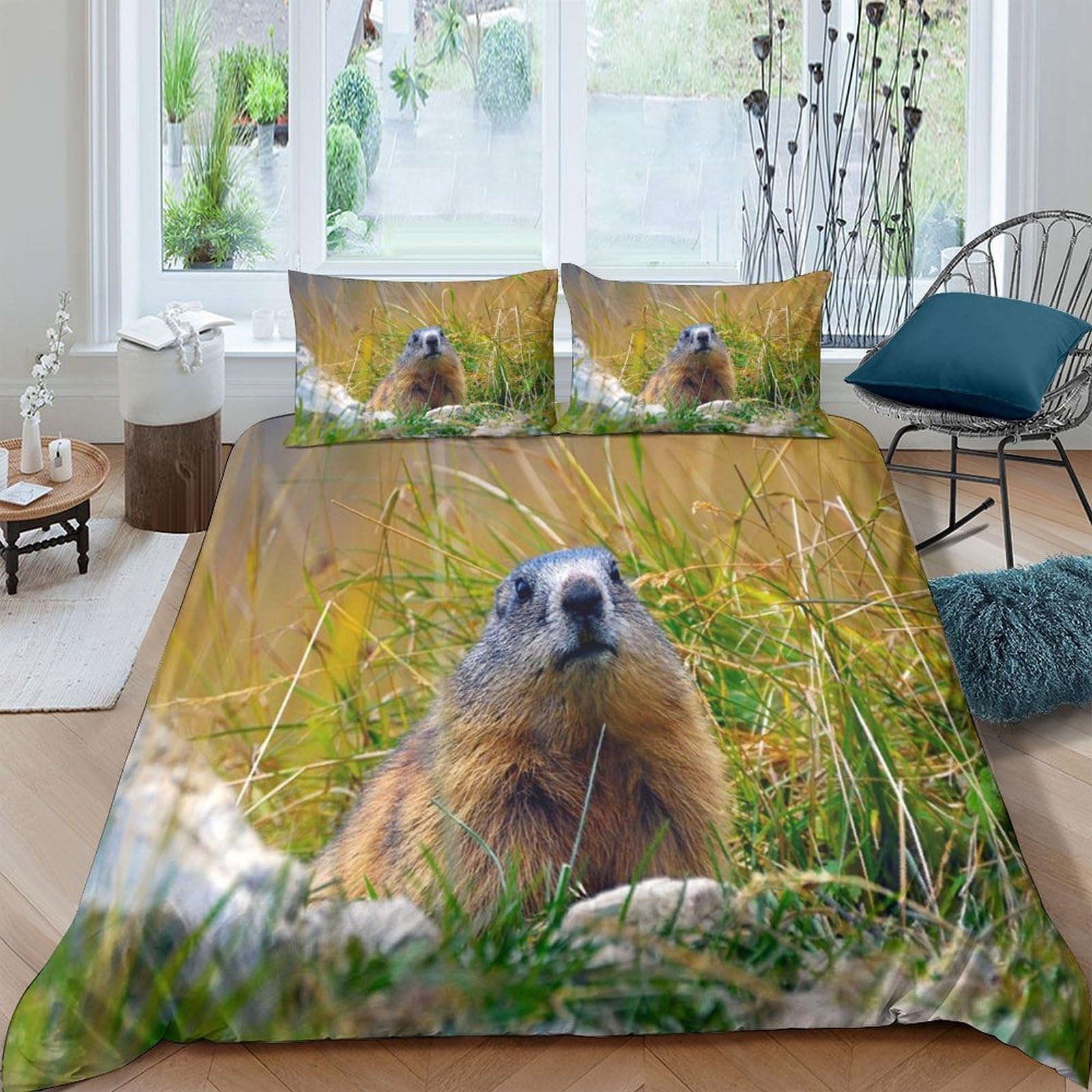 GPLZQXKJNH 3D Printed Marmot Meadow Duvet Cover Microfiber Soft Breathable Wild Animal Bedding Set with 2 Pillowcases for Bedroom Decor Single（135x200cm）