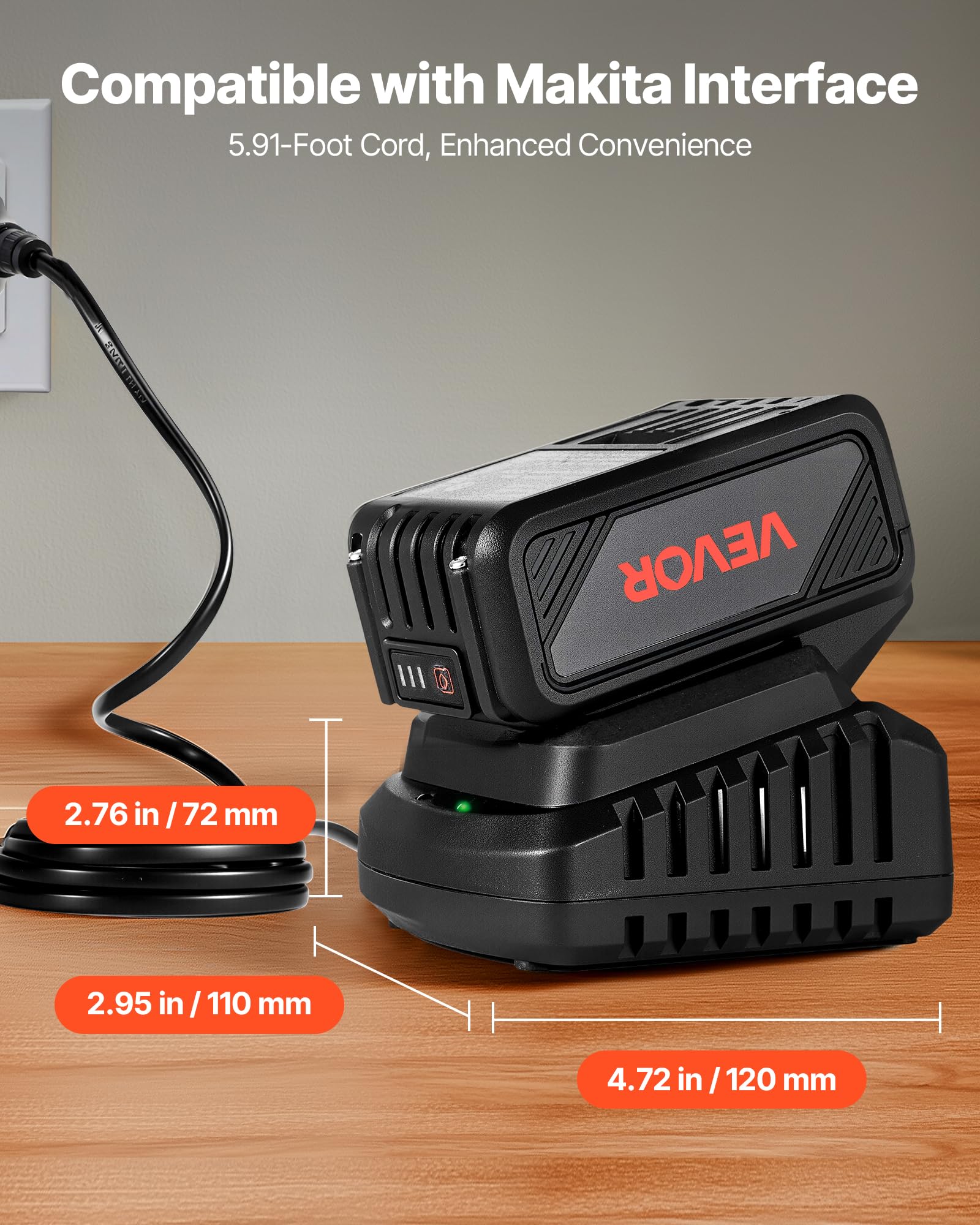 VEVOR Batteria Portatile e Caricabatteria, 20 V MAX, Batteria agli Ioni di Litio da 4,0 Ah, Grande Capacità 4000 mAh, Autonomia Estesa, per Utensili della Serie, per Sostituzione e Ricarica Rapida