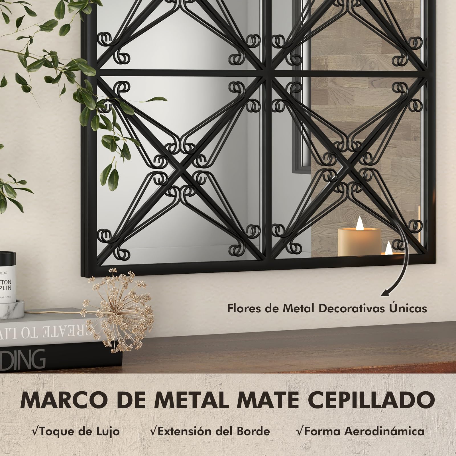COSTWAY Espejo Pared de Ventana Arqueado, 58 x 87 cm, Espejo Decorativo con Marco de Metal, Espejo Colgante para Decoración de Ventana para Salón, Chimenea, Entrada, Dormitorio y Baño, Negro