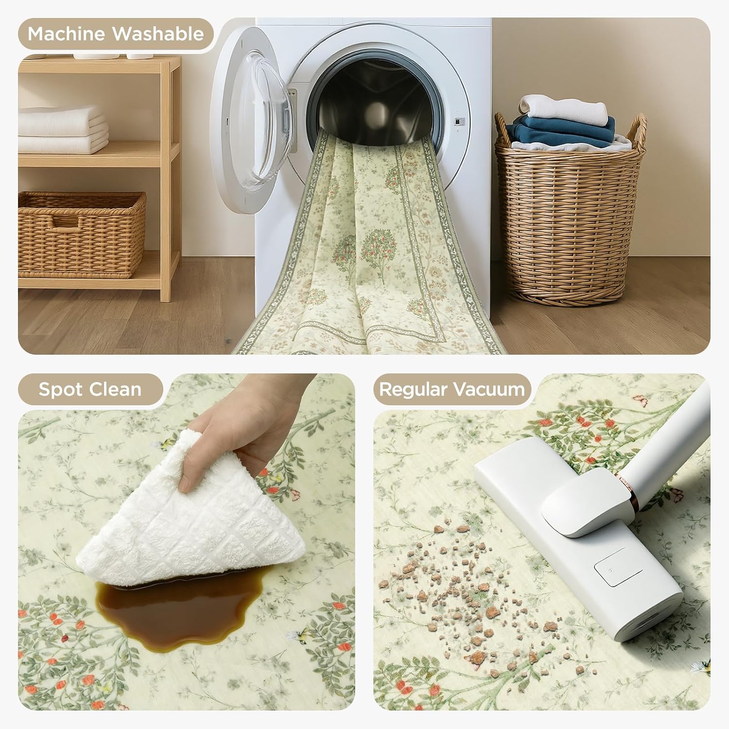 Joydeco Boho Floral Large Rugs for Living Room Nursery, Washable Beige Kids Bedroom Rug 8x10 Under Bed, Botanical Non Slip Throw Carpet for Playroom Kids Dining Room Dorm Classroom, Beige