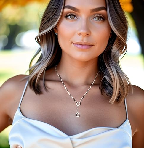 Miniatura 2 de S925 Silver Women's Bar NecklaceDouble Circle Layered Y Necklace Chain Adjustable LongTiny Pendant Chain Choker for Girl Gift